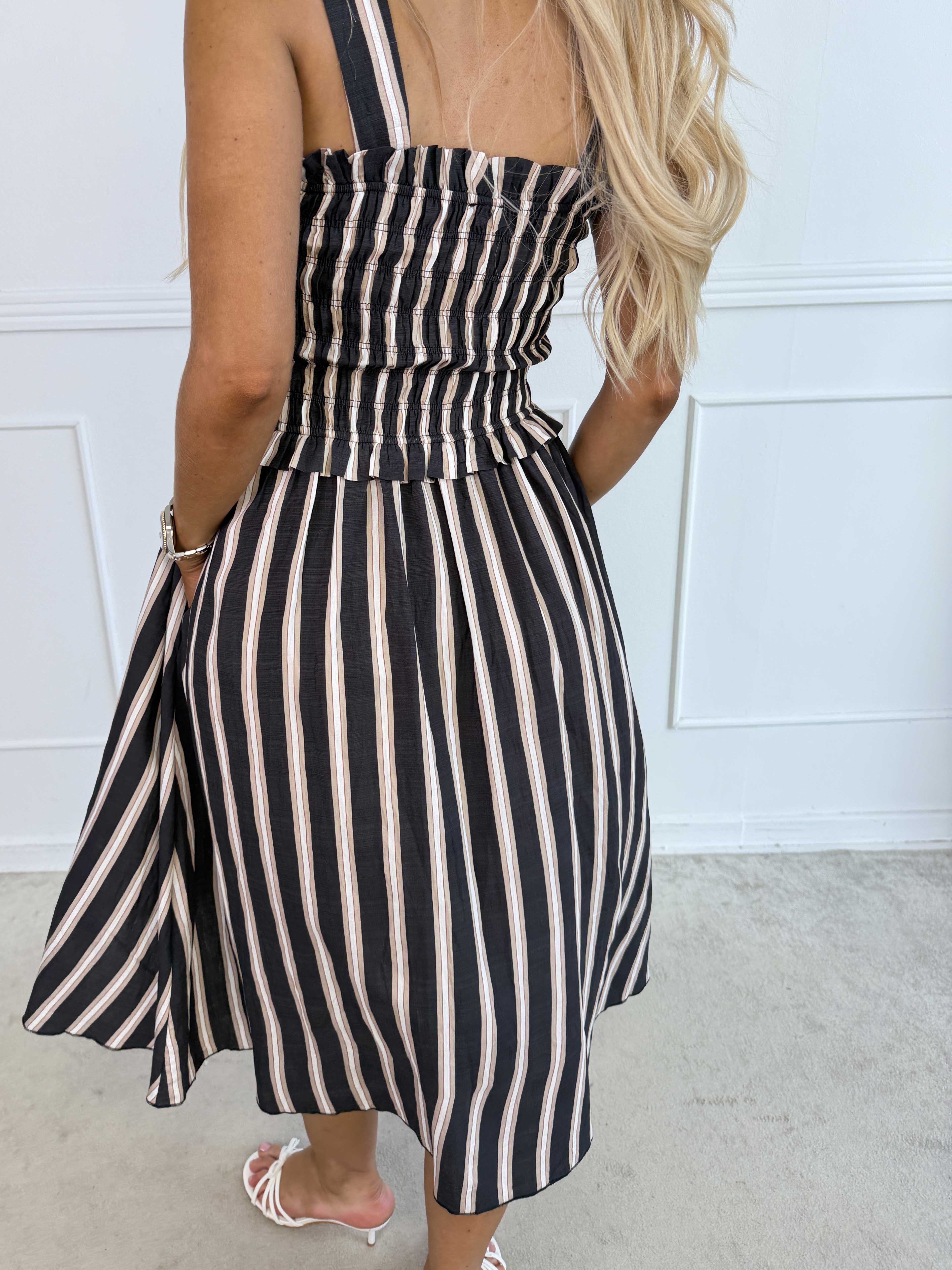 Marisol Stripe - Stribet plus size sommerkjole i viskose med smock henover brystet