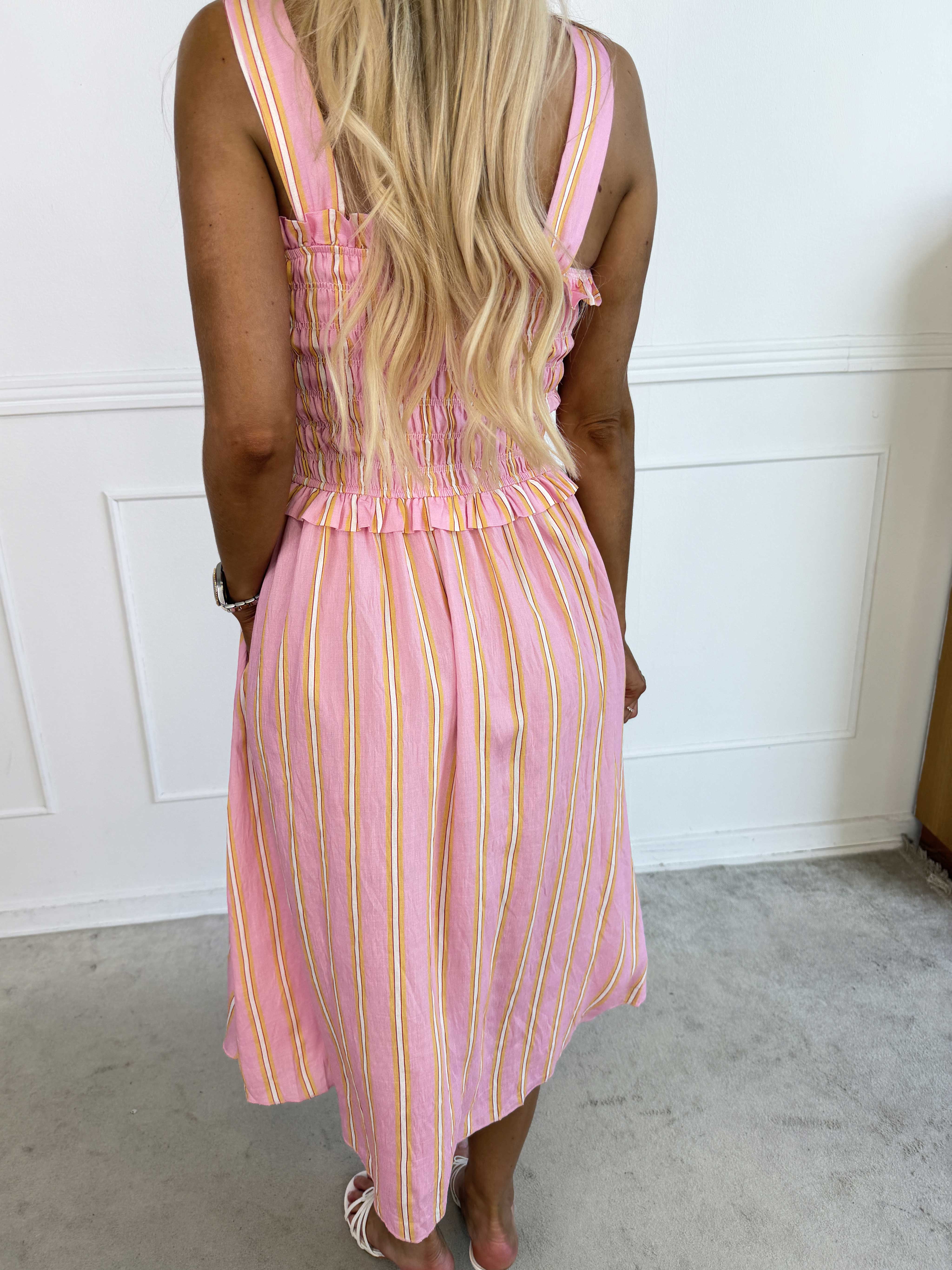 Marisol Stripe - Stribet plus size sommerkjole i viskose med smock henover brystet