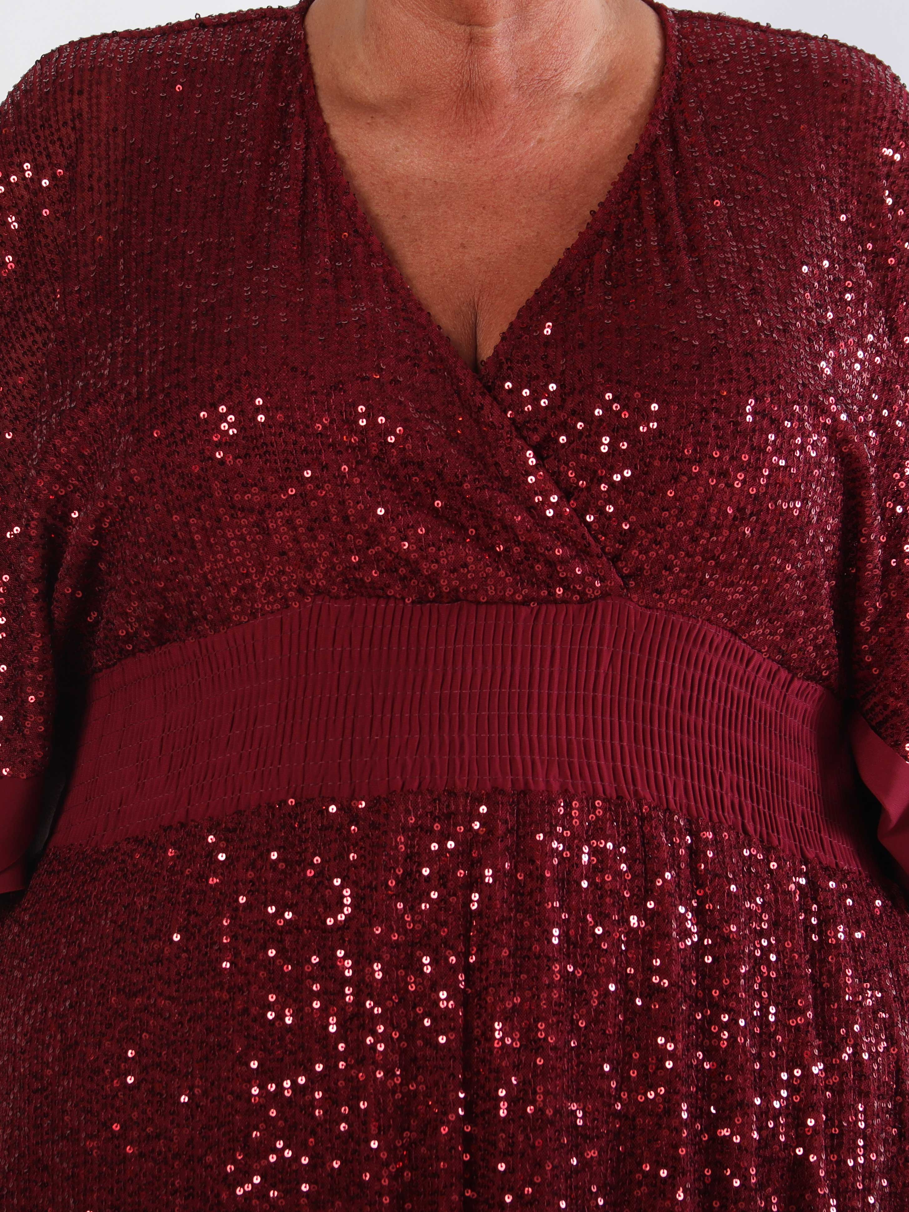 Pamela Glitter - Lang plus size pailletkjole med flæser og smock