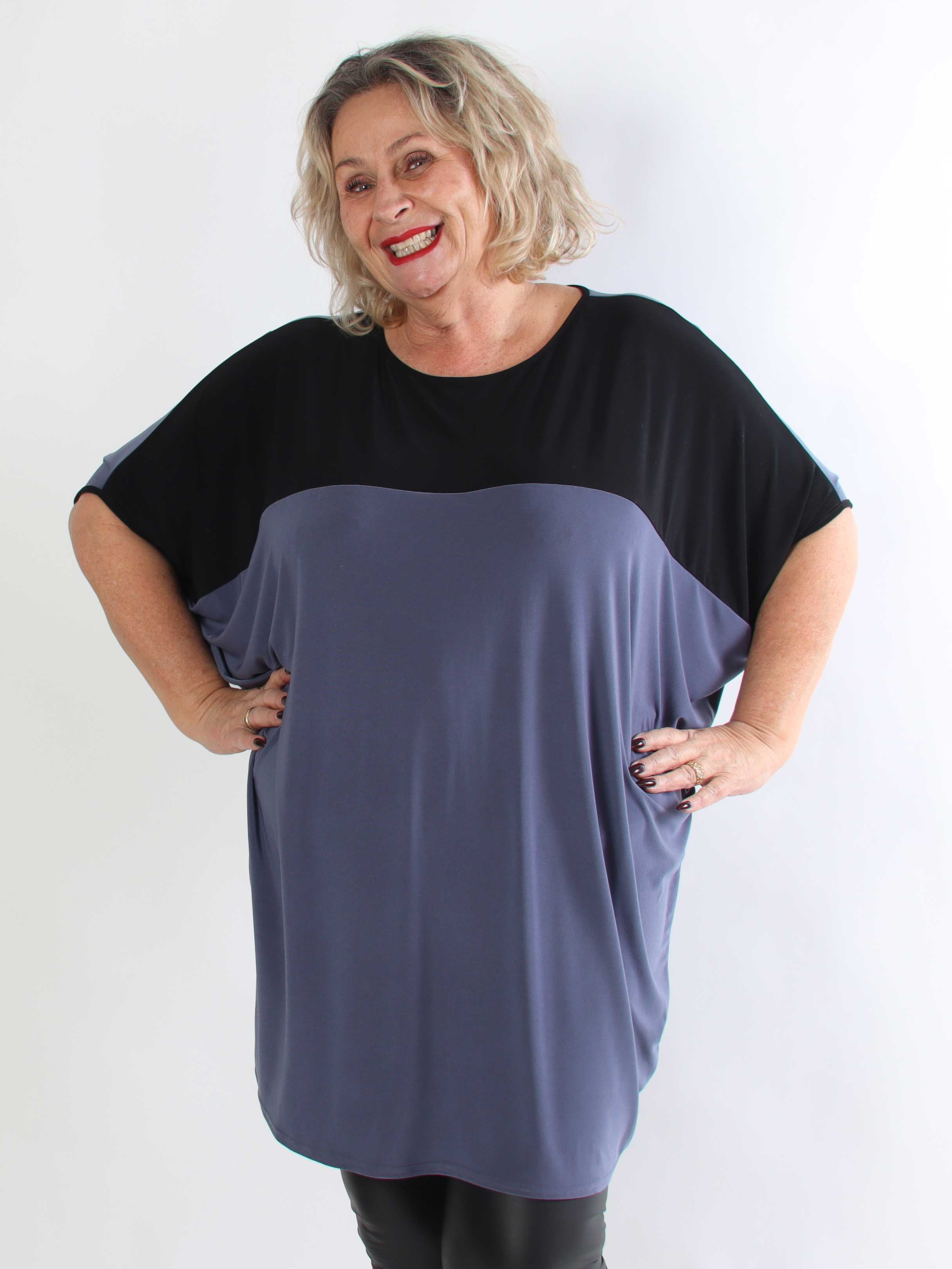 Spencer - Elastisk tofarvet plus size tunikakjole med flagermusærmer