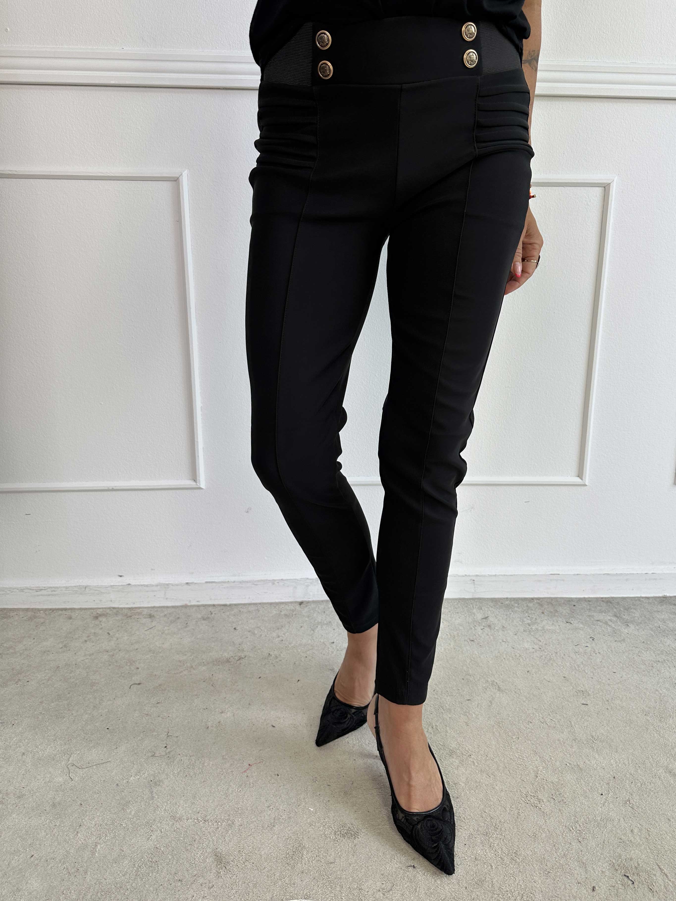 Idalia - Sorte bløde leggings med knapper og bred elastikkant i livet