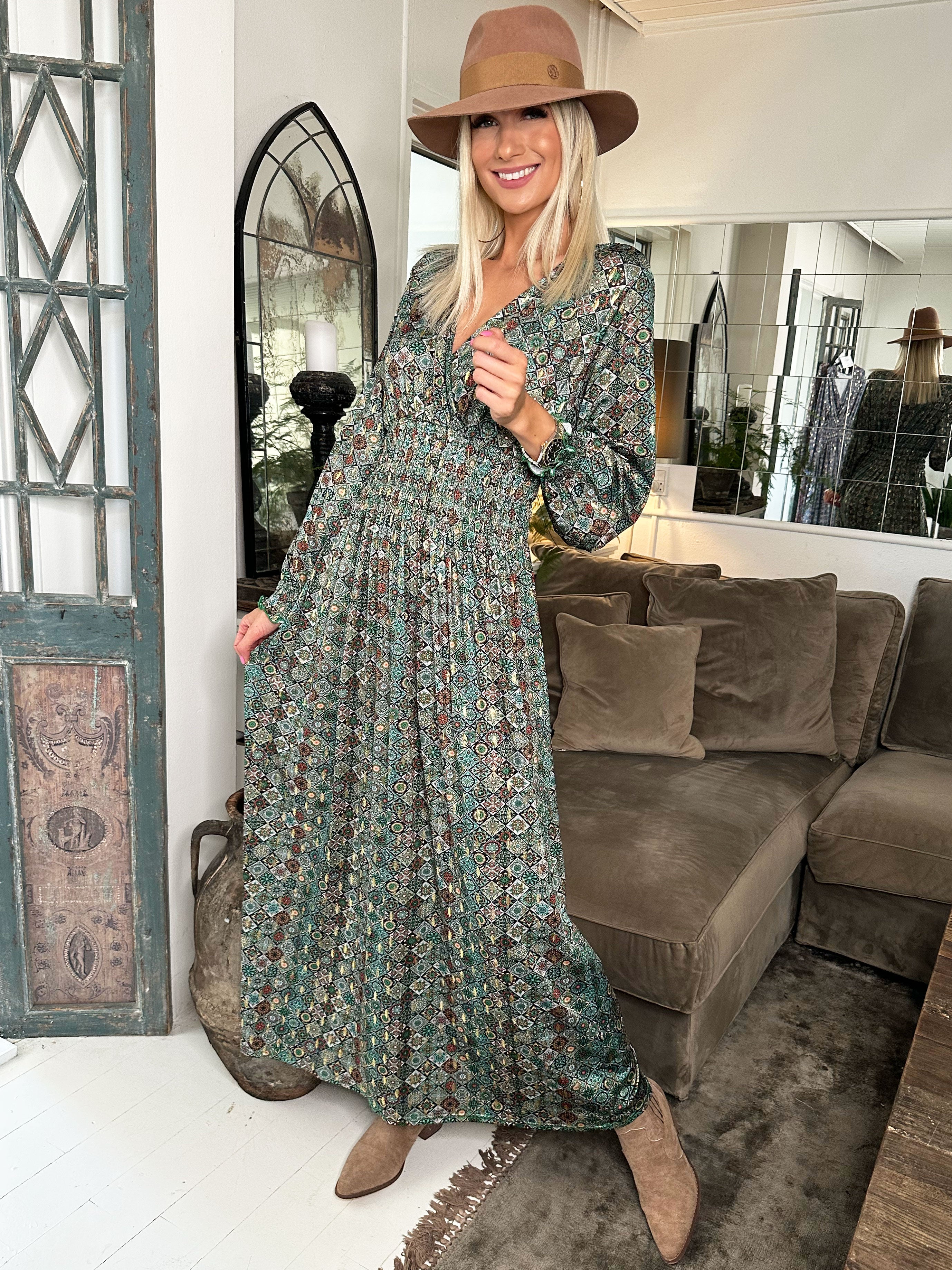 Pams Mosaic L/S - Lang elastisk kjole i krølfrit stof med lange ærmer