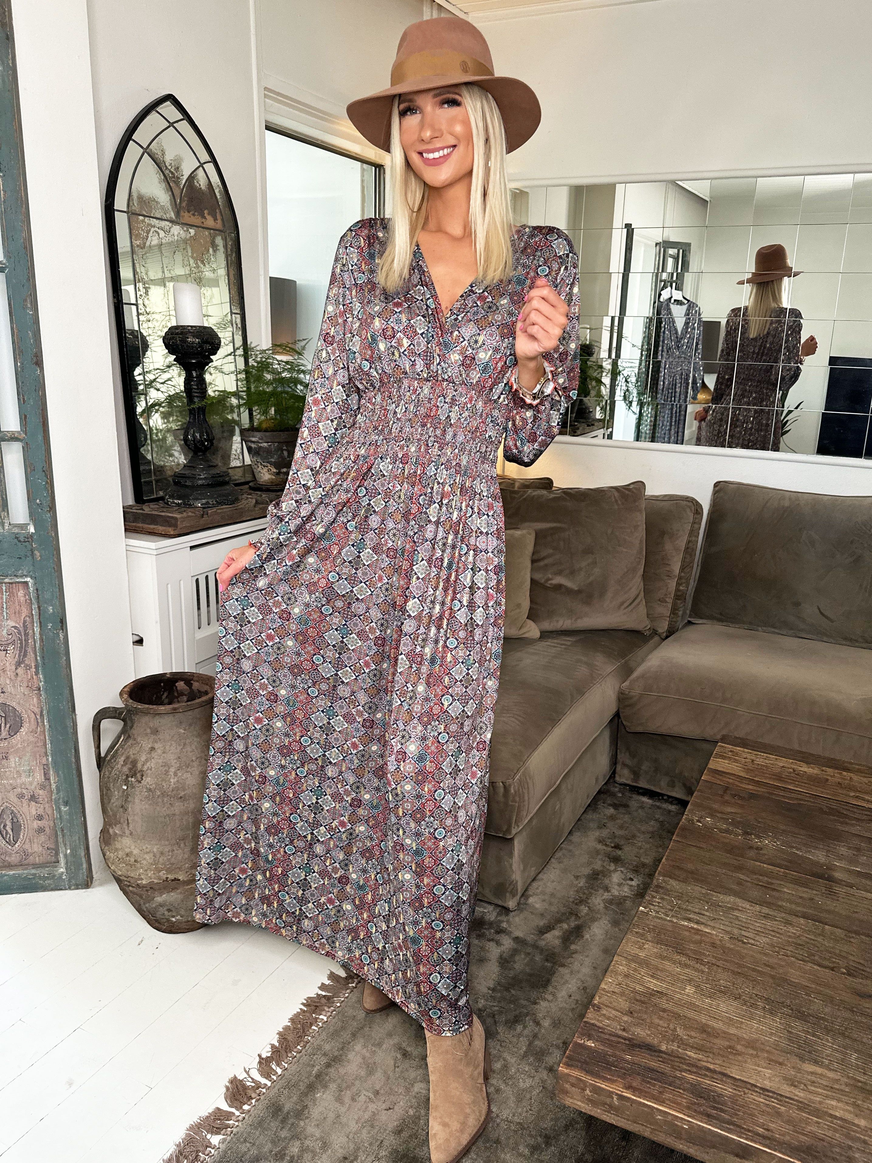 Pams Mosaic L/S - Lang elastisk kjole i krølfrit stof med lange ærmer