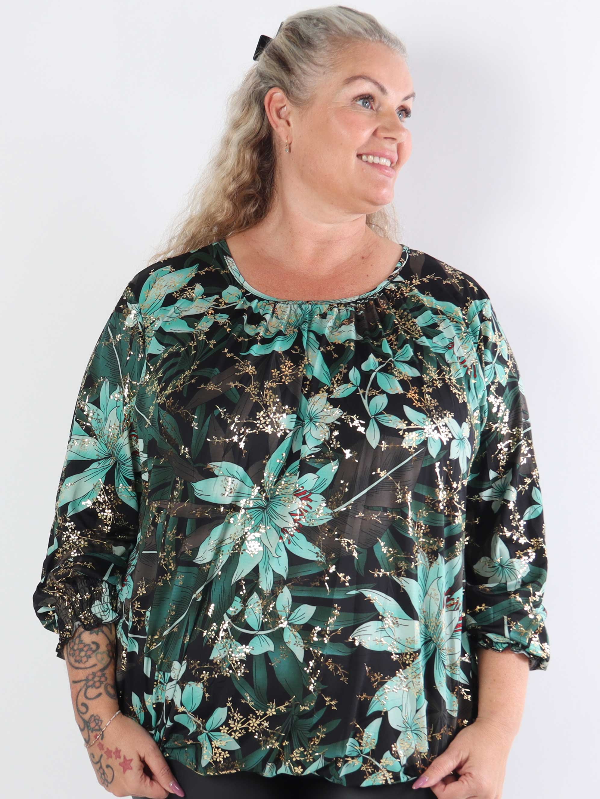 Miracle Gold Flower L/S - Blomstret elastisk plus size bluse