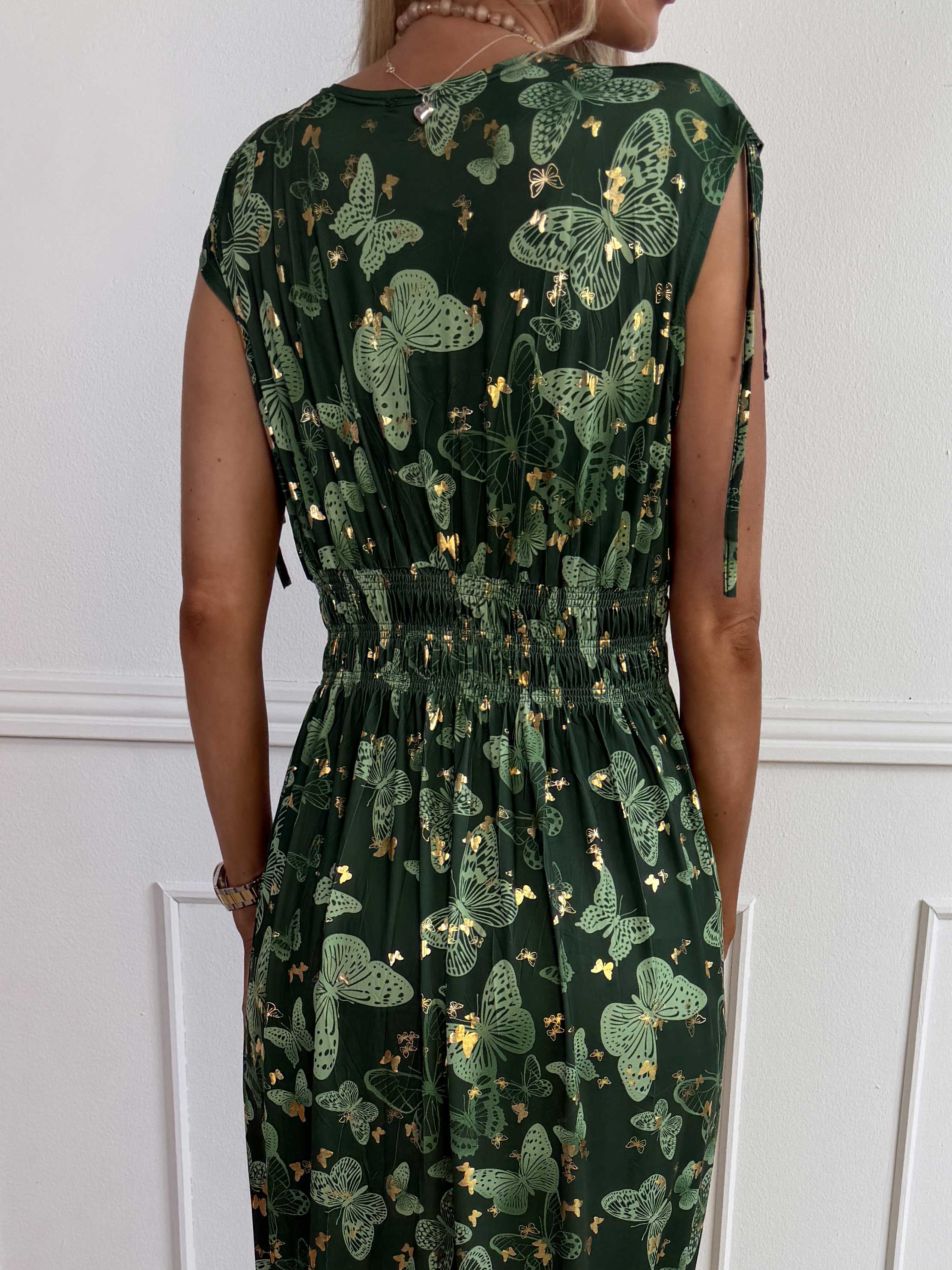 Pams Butterfly Sleeveless - Lang elastisk kjole med sommerfugleprint og gulddetaljer