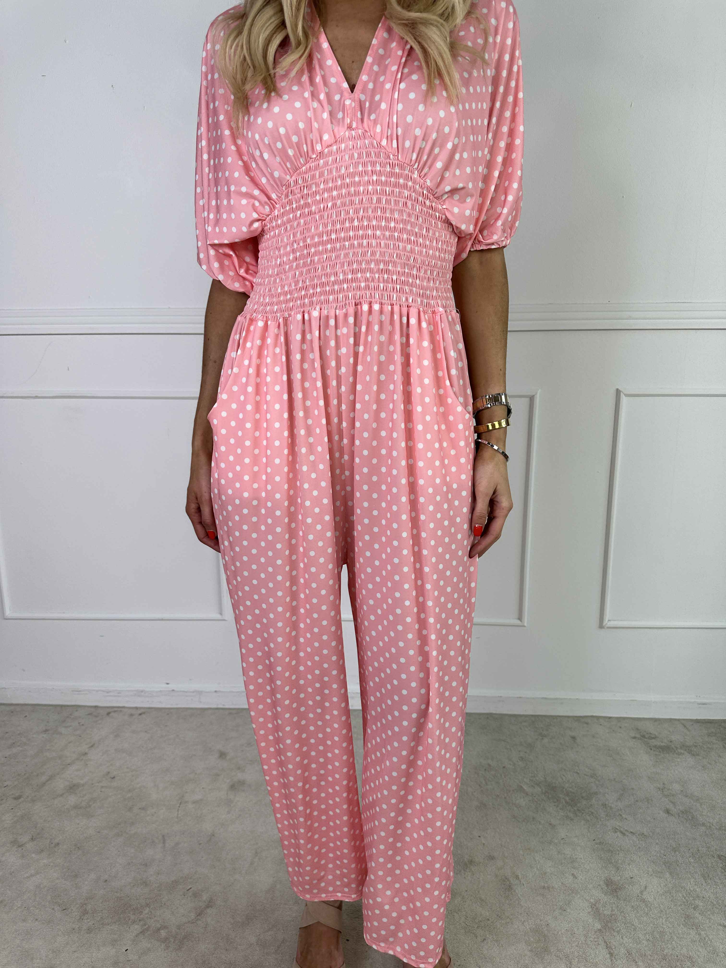 Grace - Buksedragt i elastisk stof med hvide prikker