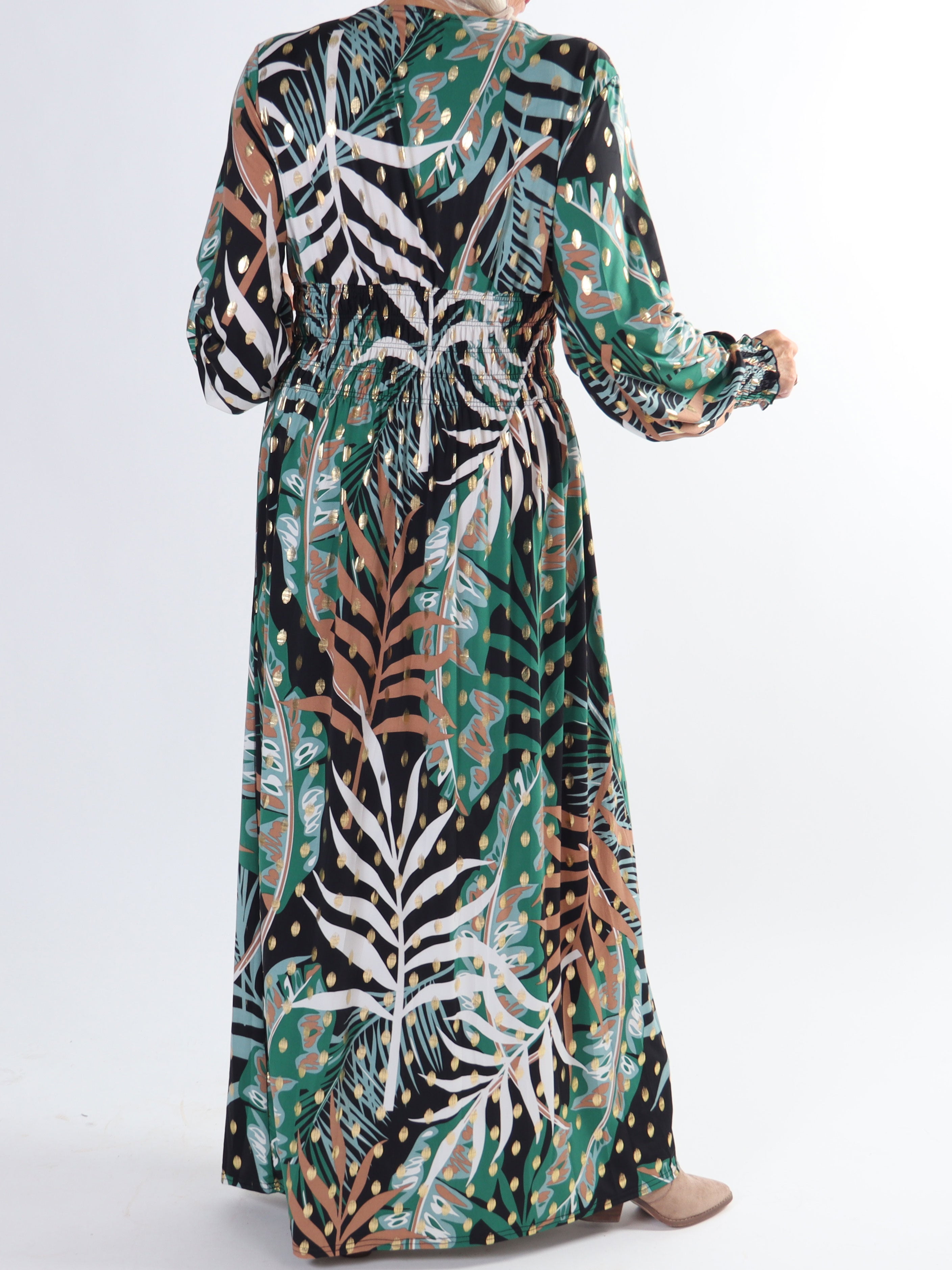 Pams Forest L/S - Plus size elastisk kjole i krølfrit stof med lange ærmer