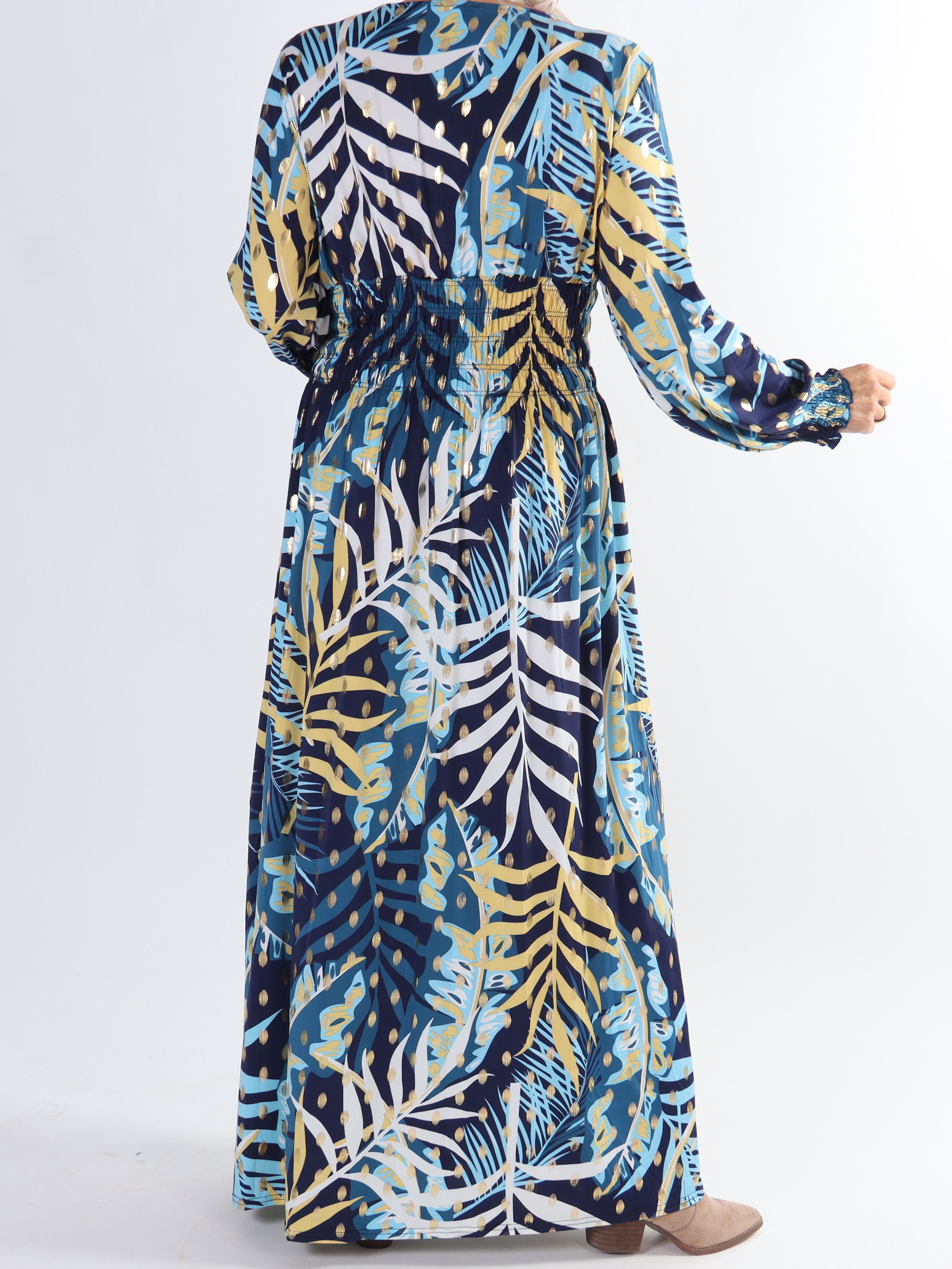 Pams Forest L/S - Plus size elastisk kjole i krølfrit stof med lange ærmer