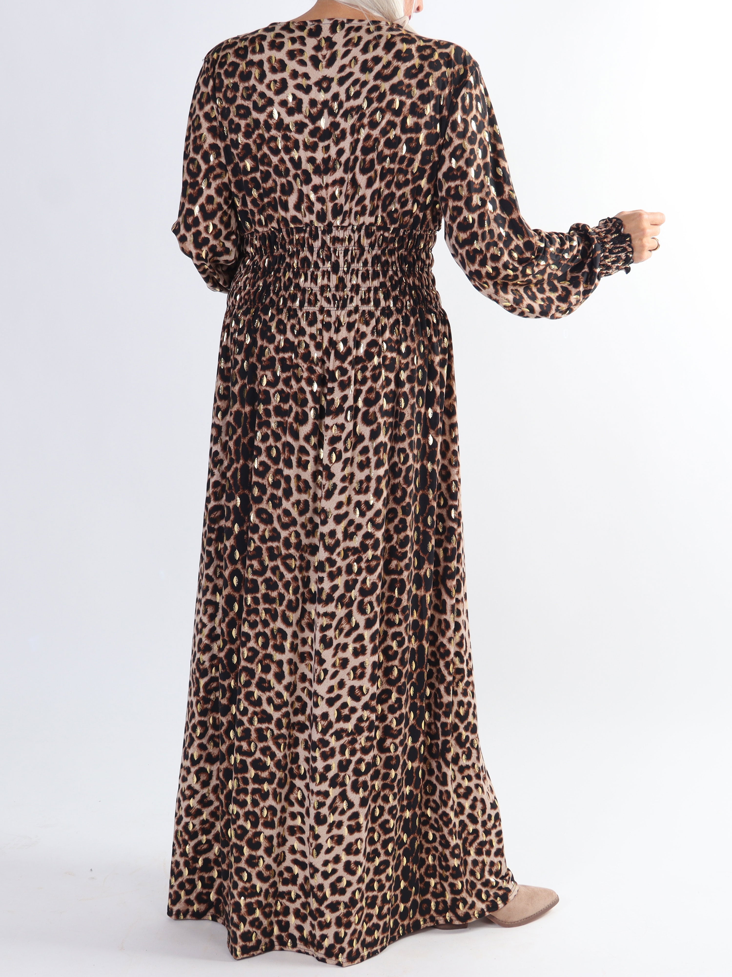 Pams Animal L/S - Plus size elastisk kjole i krølfrit stof med lange ærmer