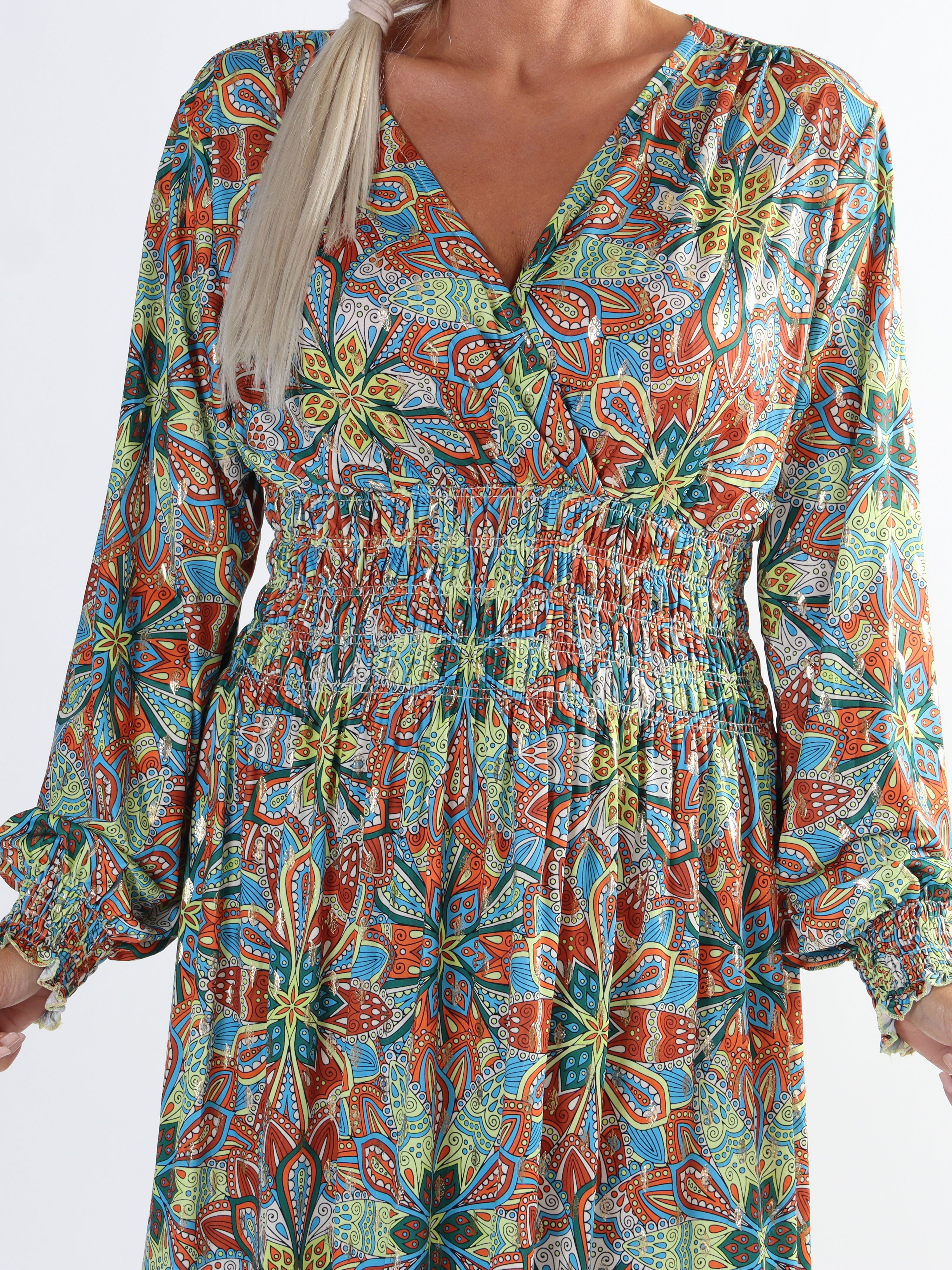 Pams Multi L/S - Plus size elastisk kjole i krølfrit stof med lange ærmer