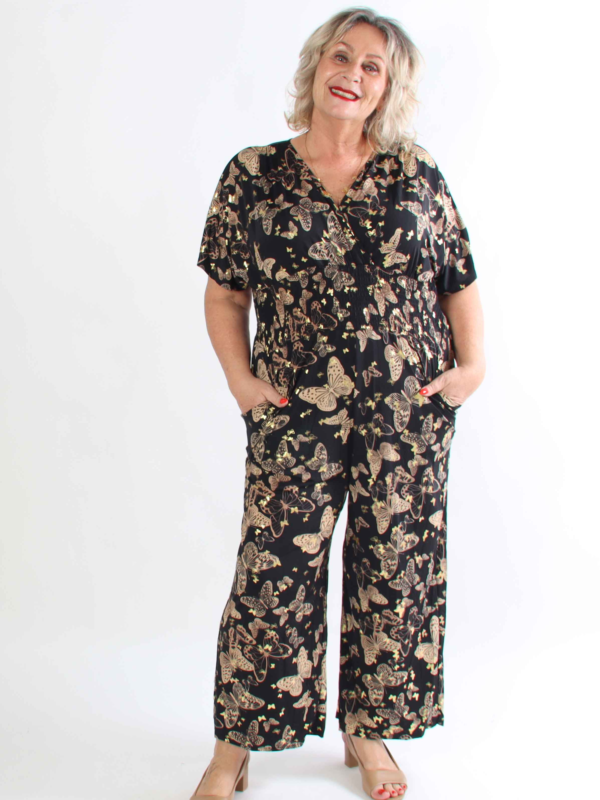 Pams Butterfly Jumpsuit - Elastisk plus size buksedragt i sommerfugleprint