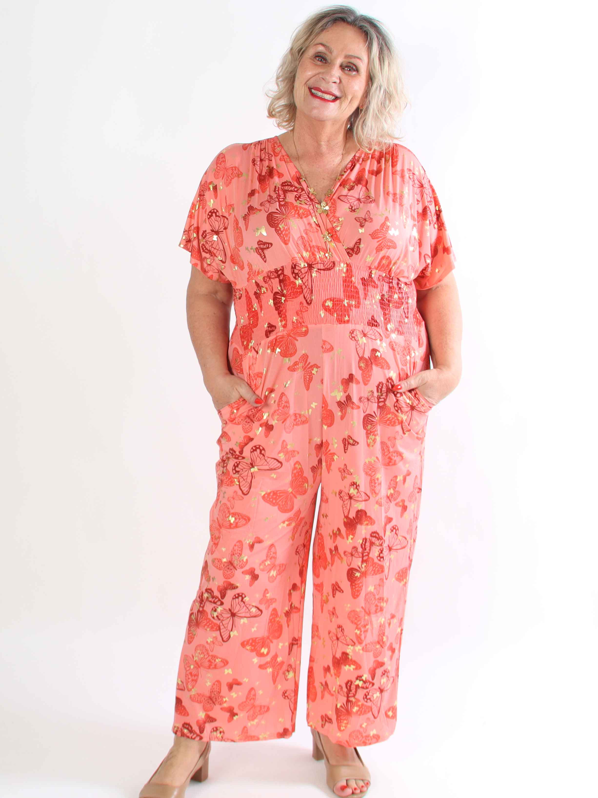 Pams Butterfly Jumpsuit - Elastisk plus size buksedragt i sommerfugleprint