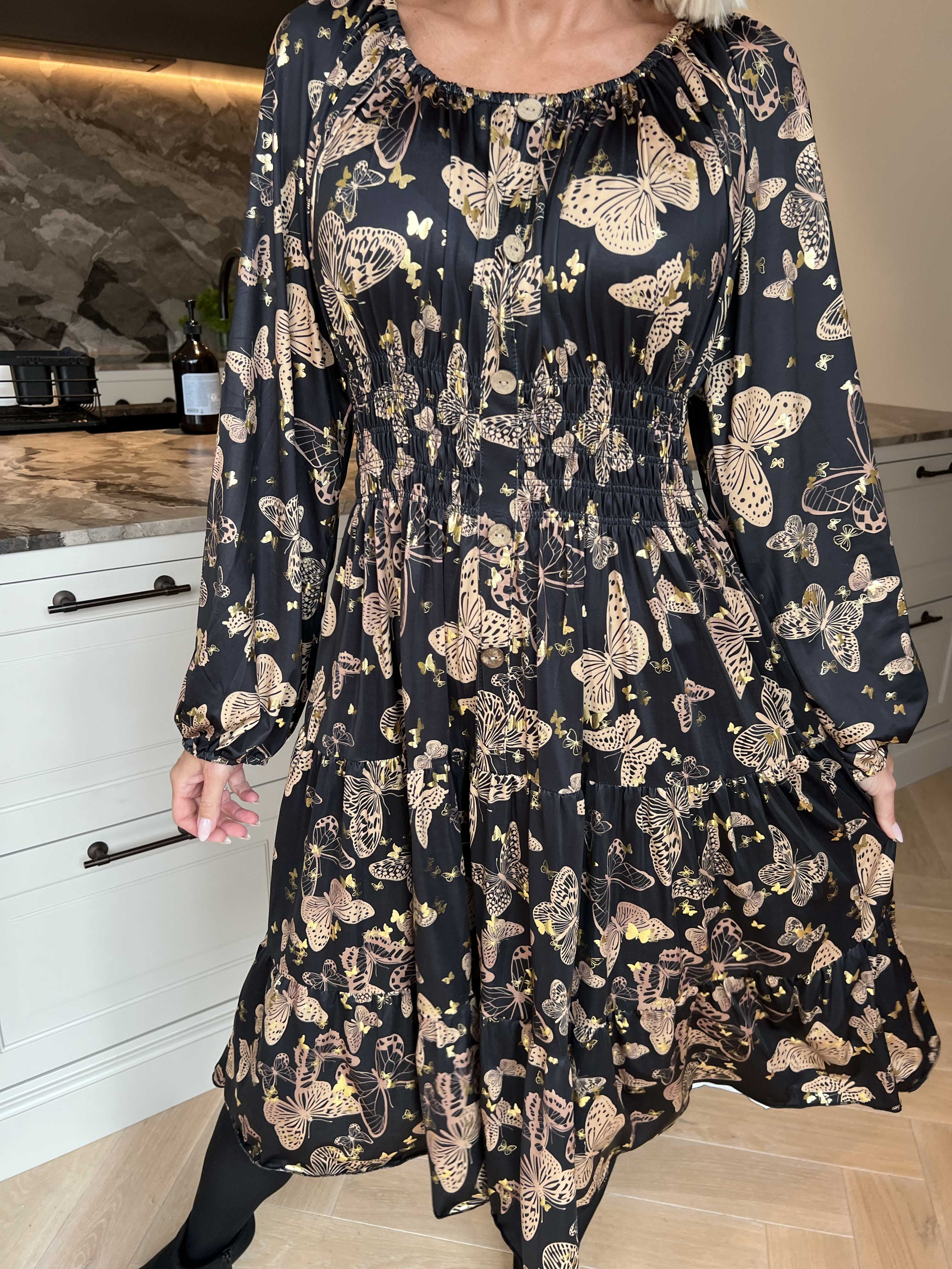 Tea Butterfly L/S - Plus size kjole med elastik i livet og sommerfugleprint