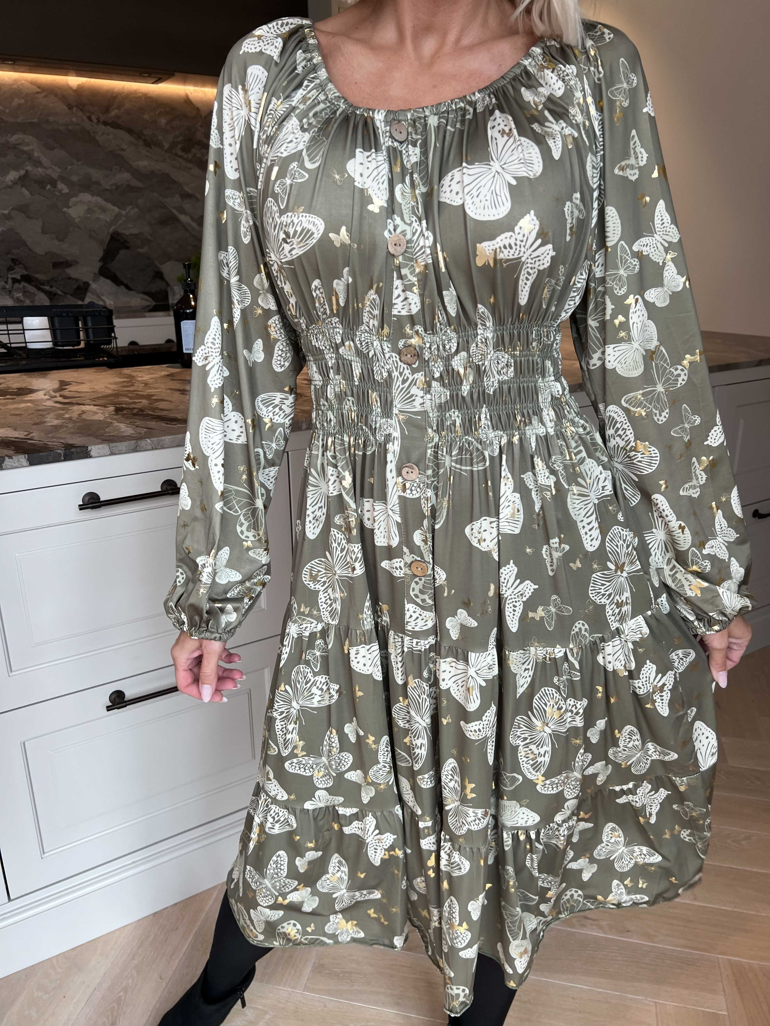 Tea Butterfly L/S - Kjole med elastik i livet og sommerfugleprint