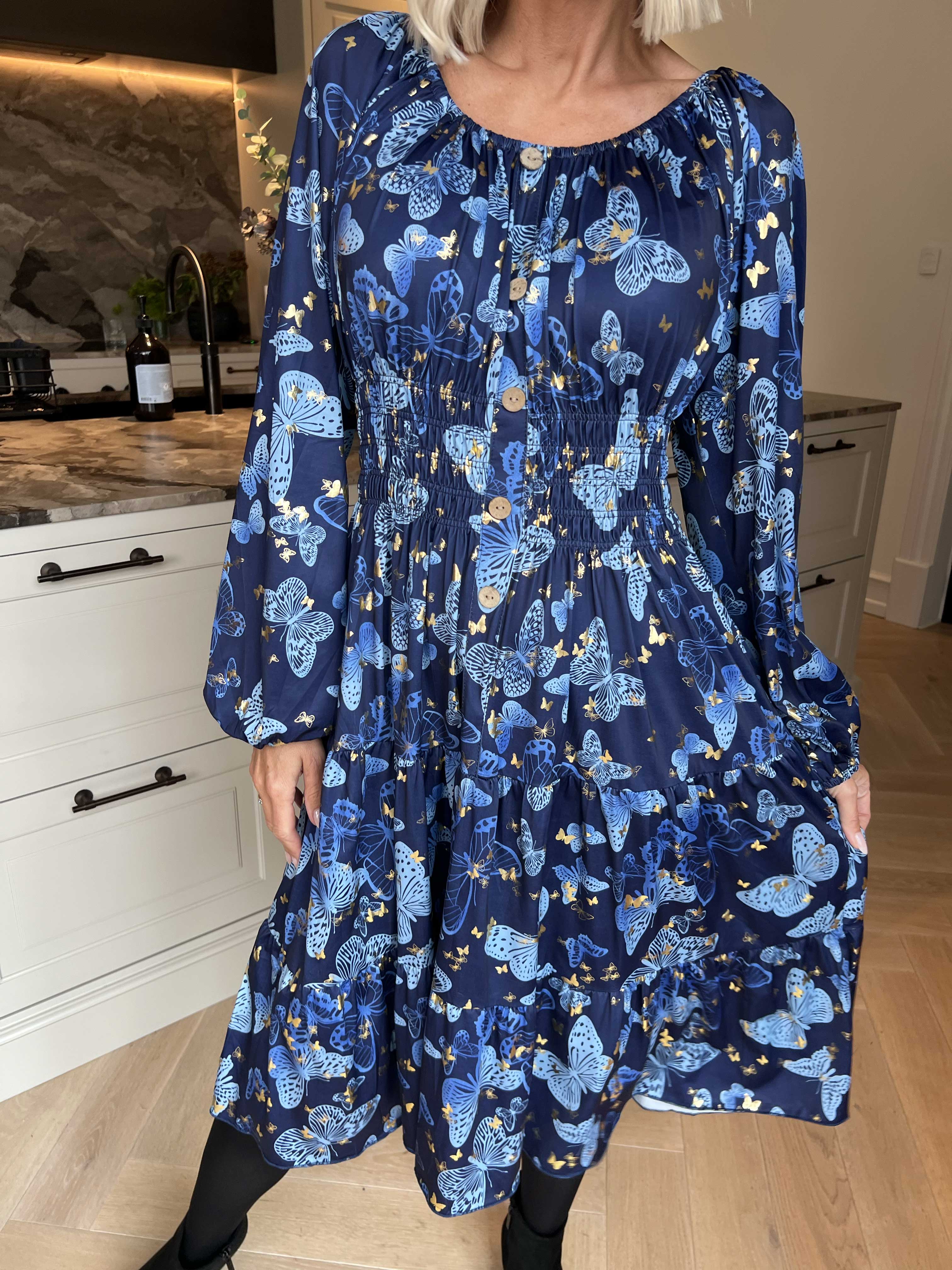 Tea Butterfly L/S - Kjole med elastik i livet og sommerfugleprint