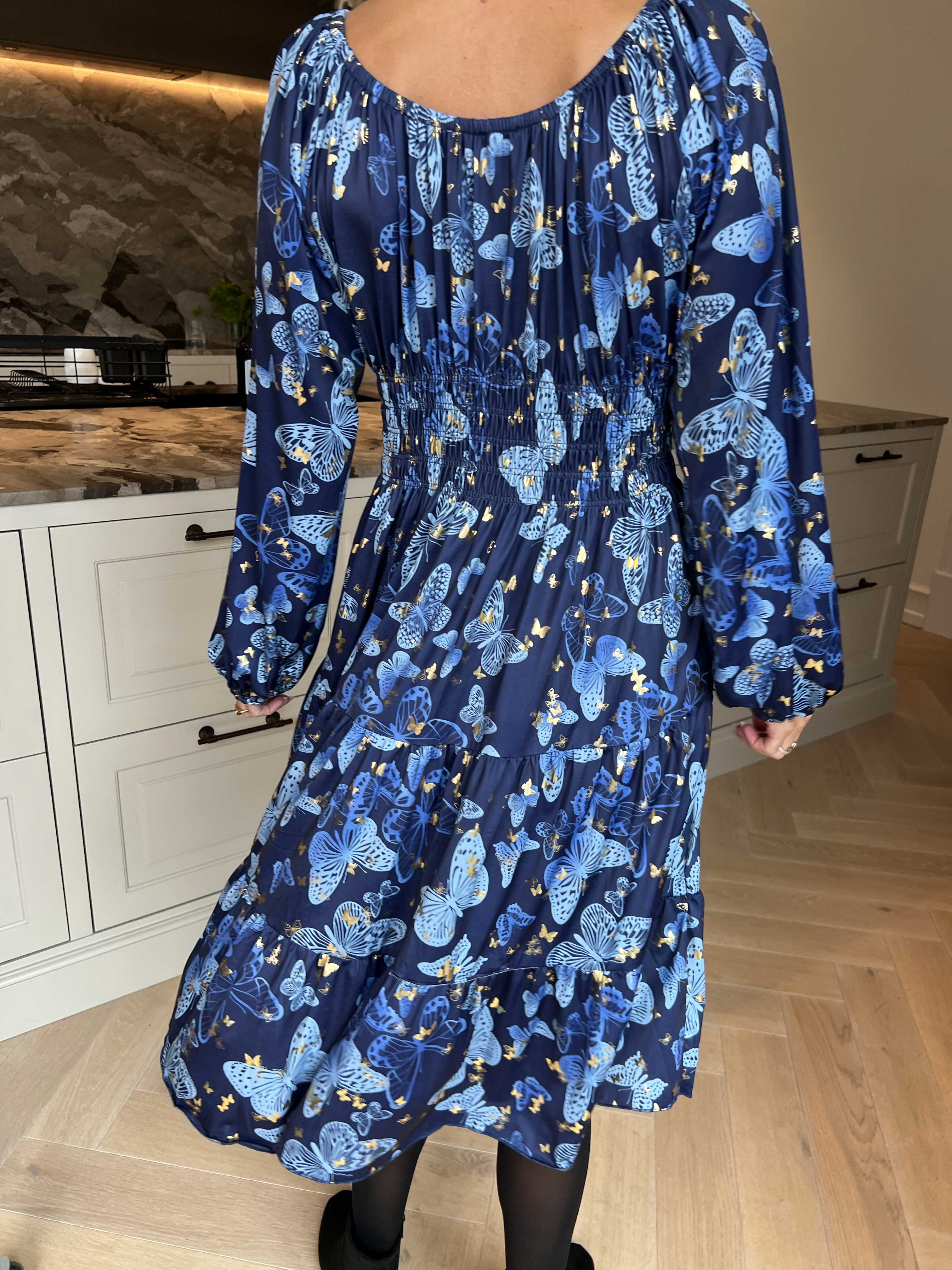 Tea Butterfly L/S - Kjole med elastik i livet og sommerfugleprint