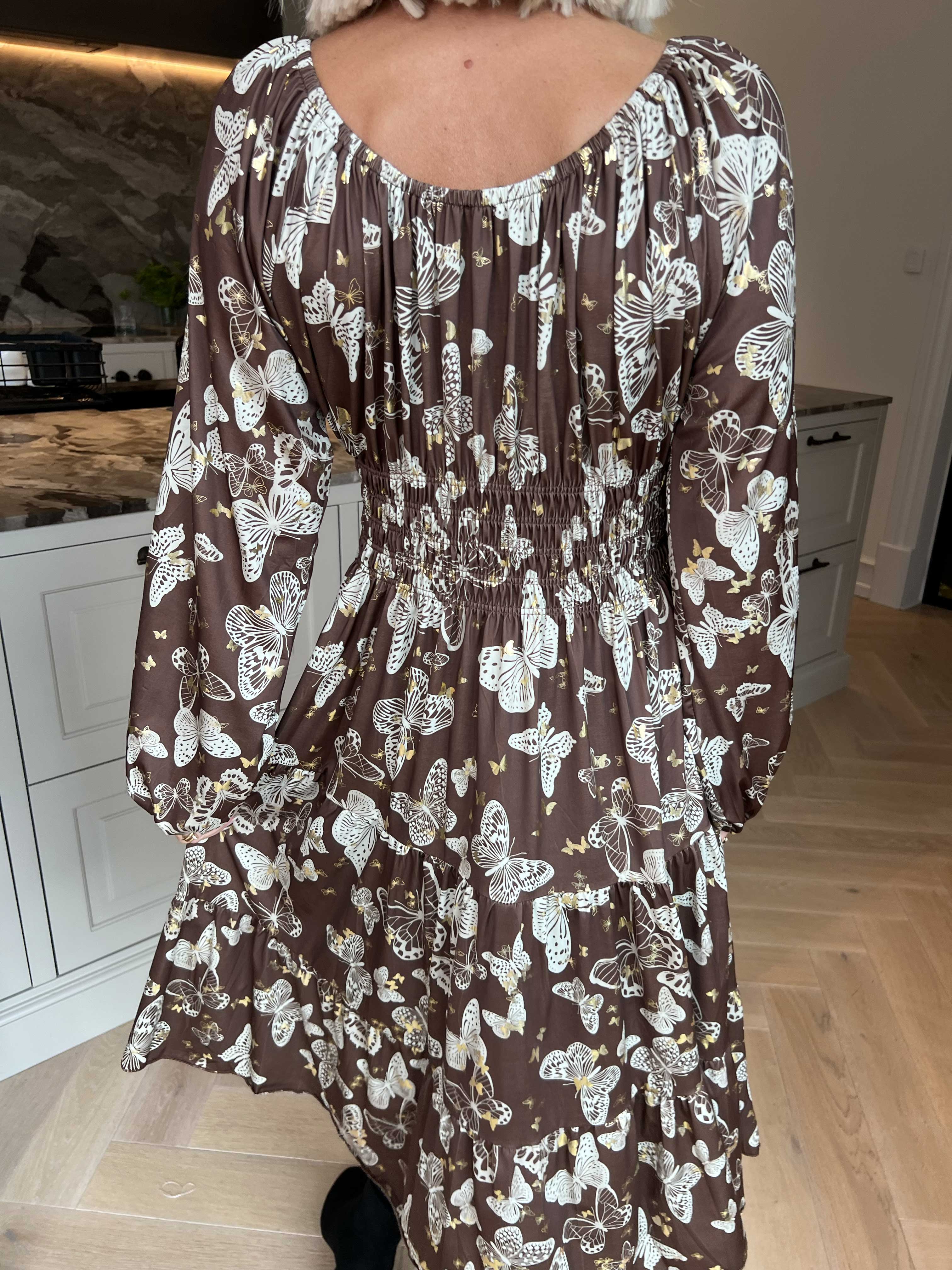 Tea Butterfly L/S - Plus size kjole med elastik i livet og sommerfugleprint
