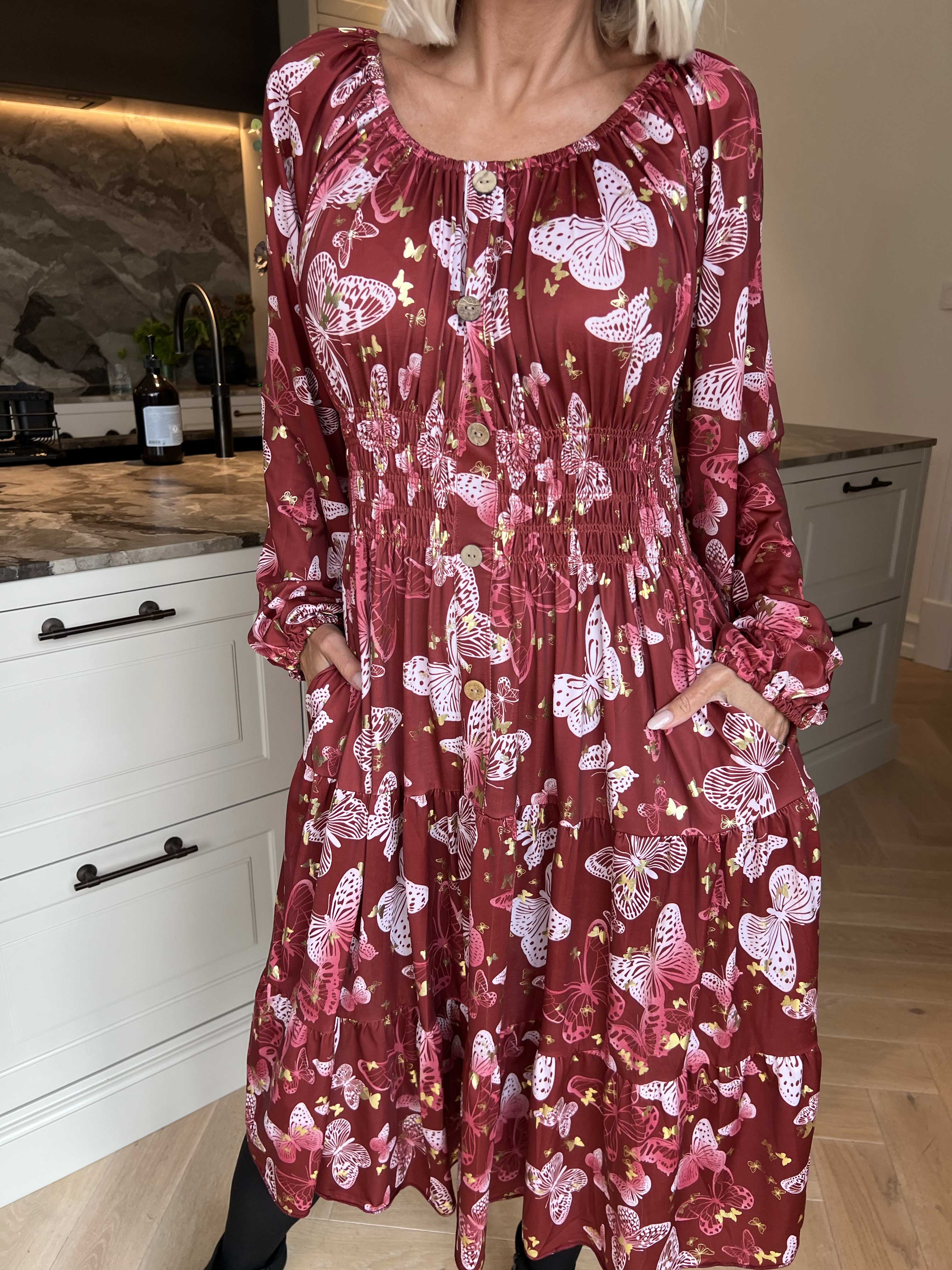 Tea Butterfly L/S - Kjole med elastik i livet og sommerfugleprint
