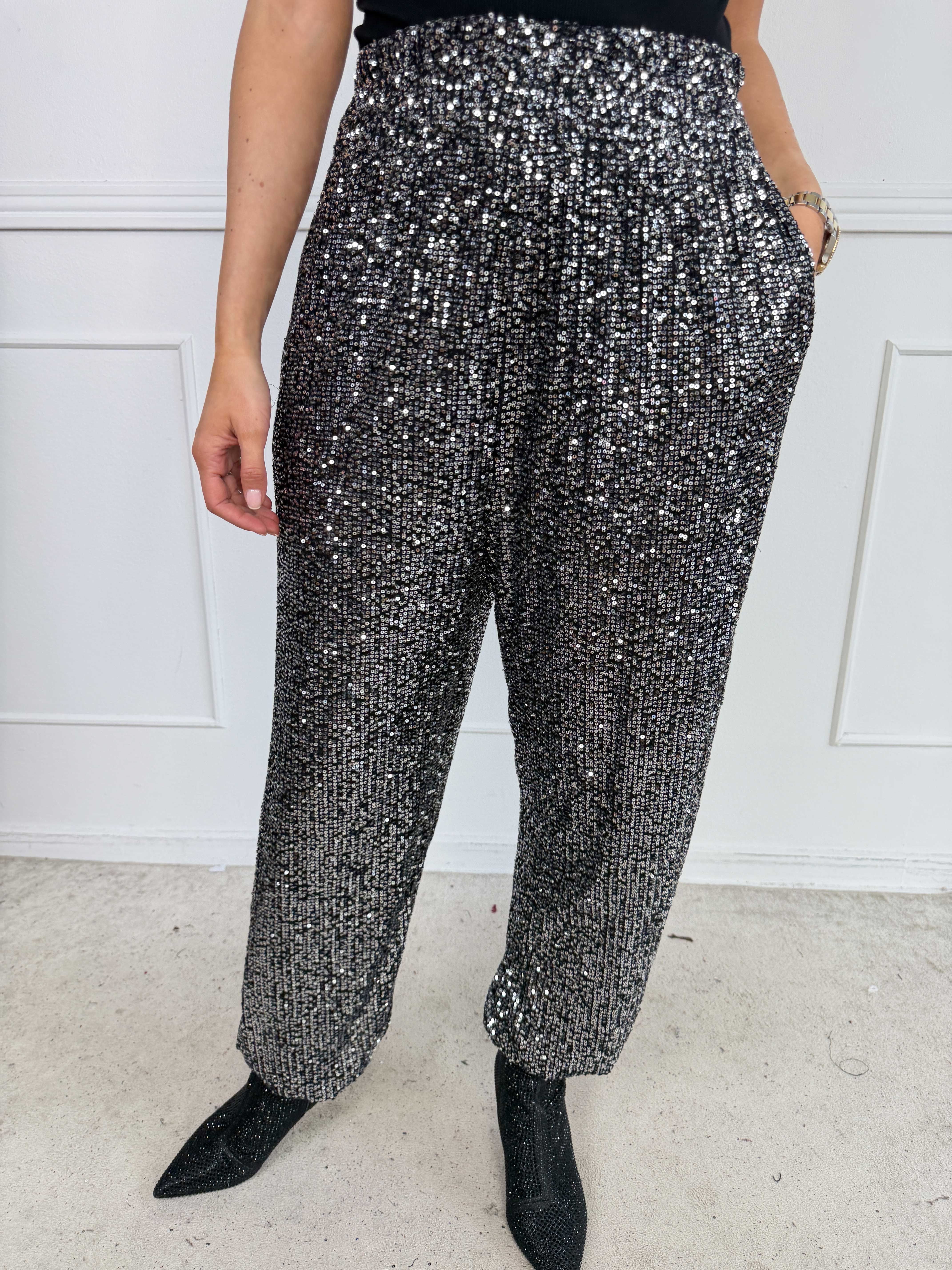 Pams Glitter Harem Pants - Elastiske plus size pailletbukser med smock i taljen