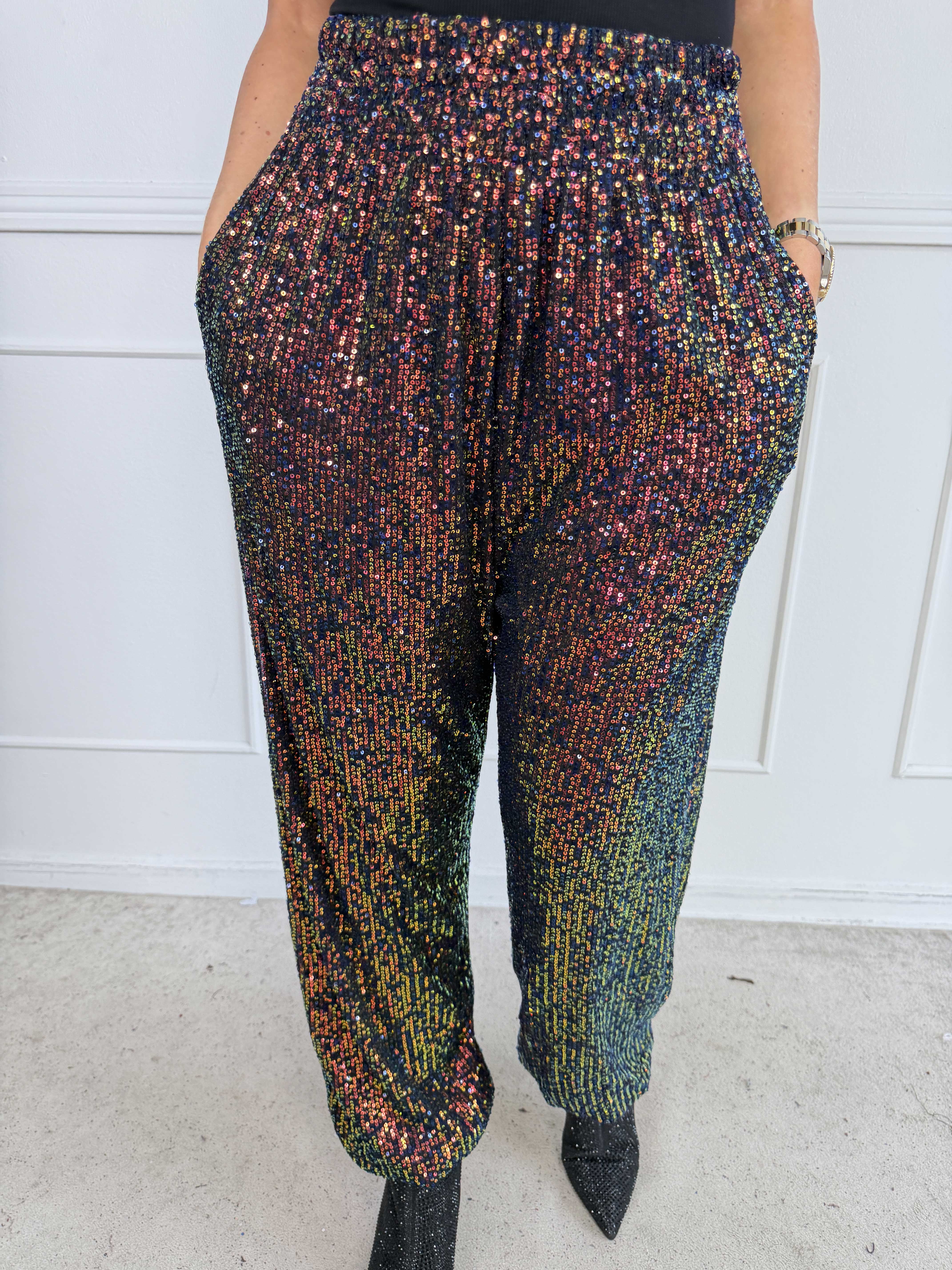 Pams Glitter Harem Pants - Elastiske plus size pailletbukser med smock i taljen