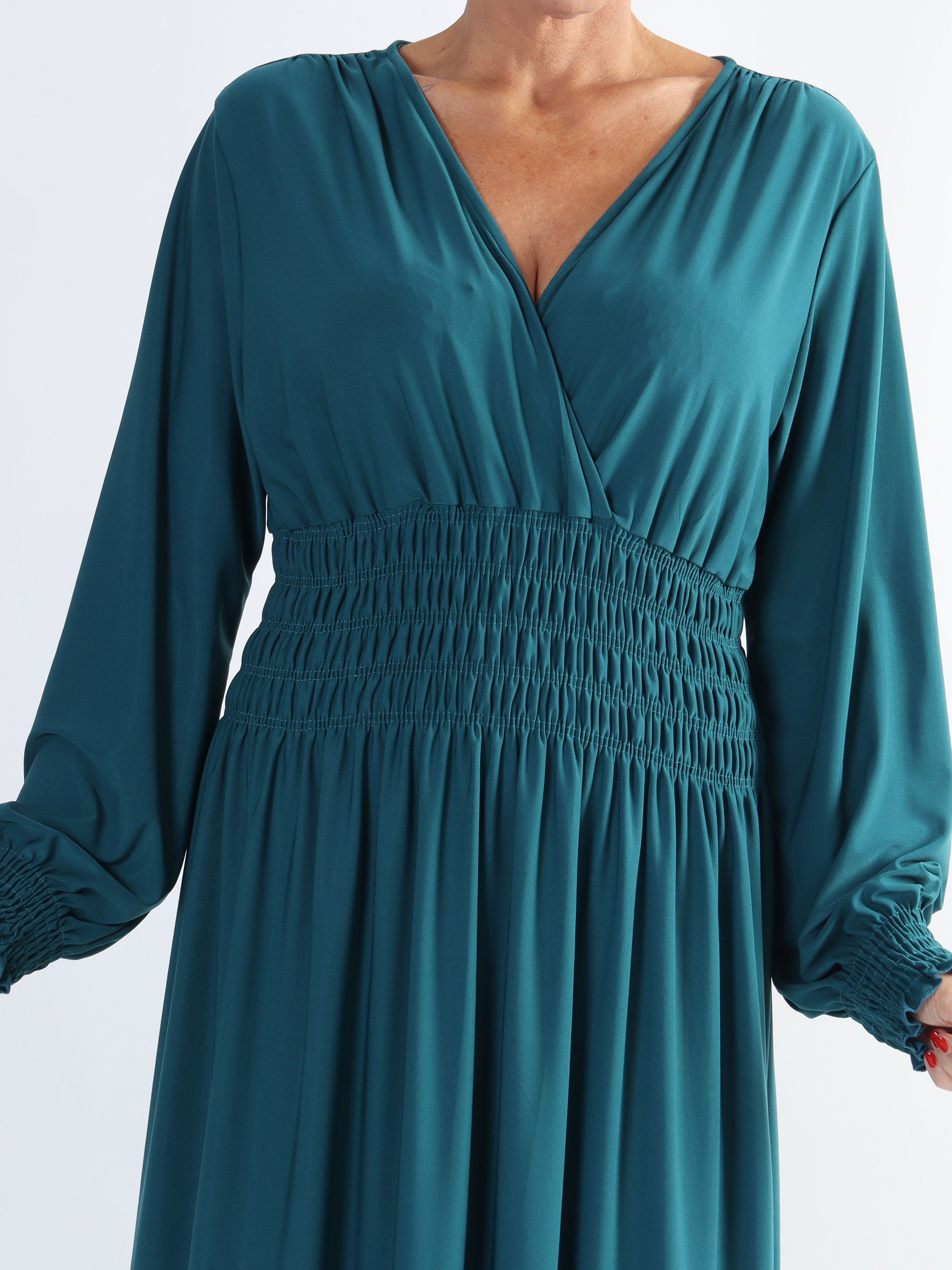 Pams Plain L/S - Elastisk plus size kjole med smock og lange ærmer