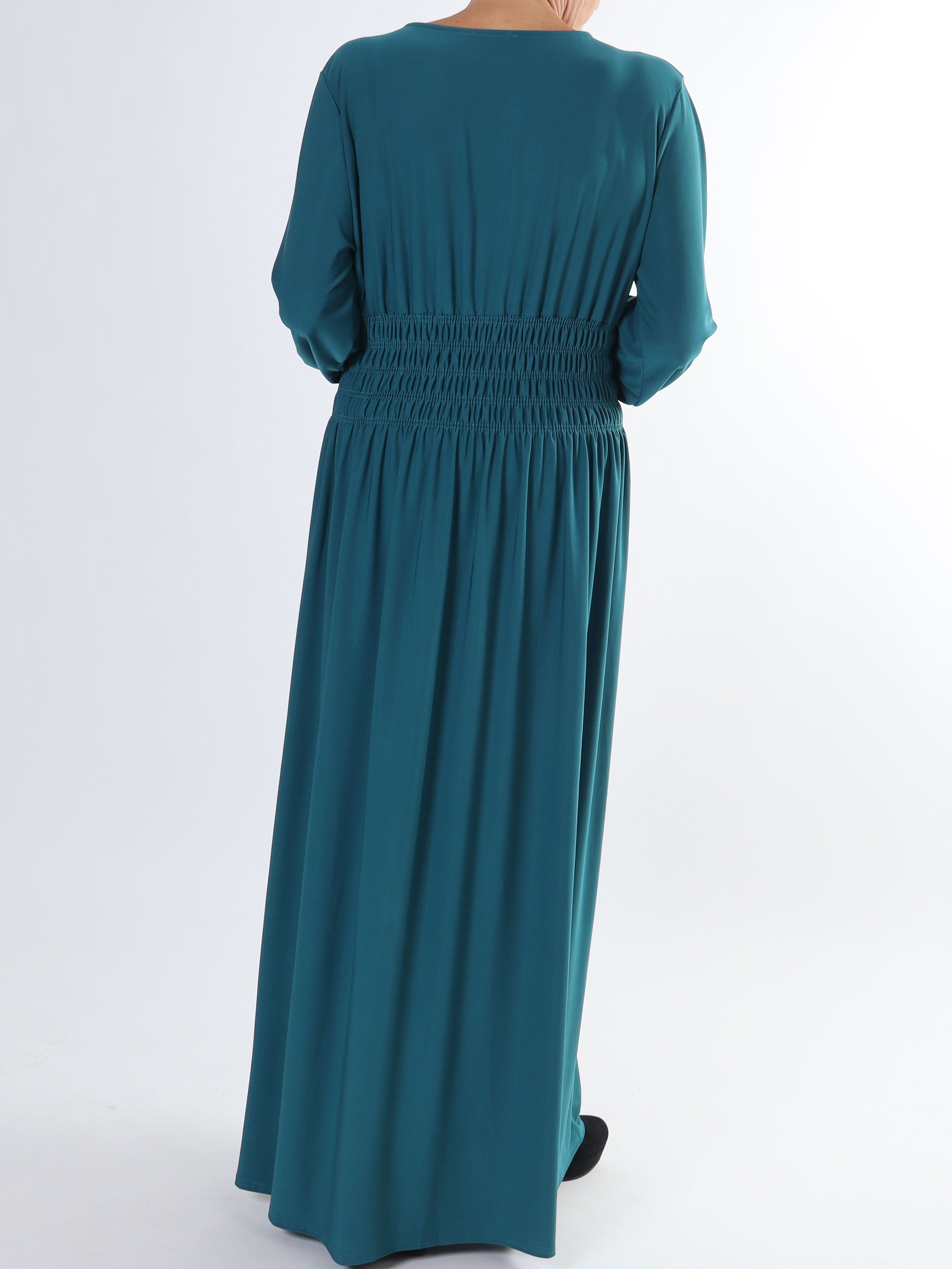 Pams Plain L/S - Elastisk plus size kjole med smock og lange ærmer