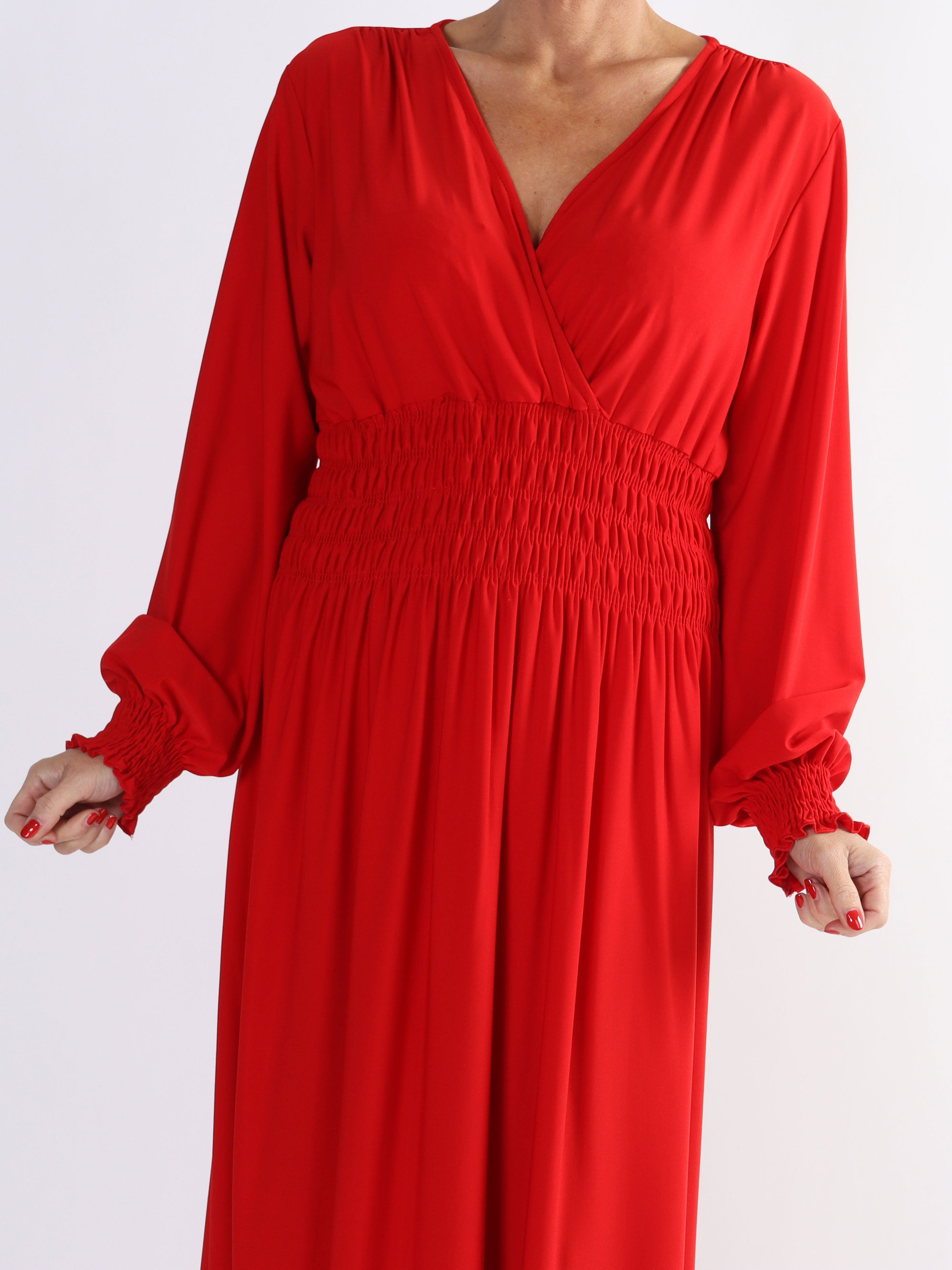 Pams Plain L/S - Elastisk plus size kjole med smock og lange ærmer