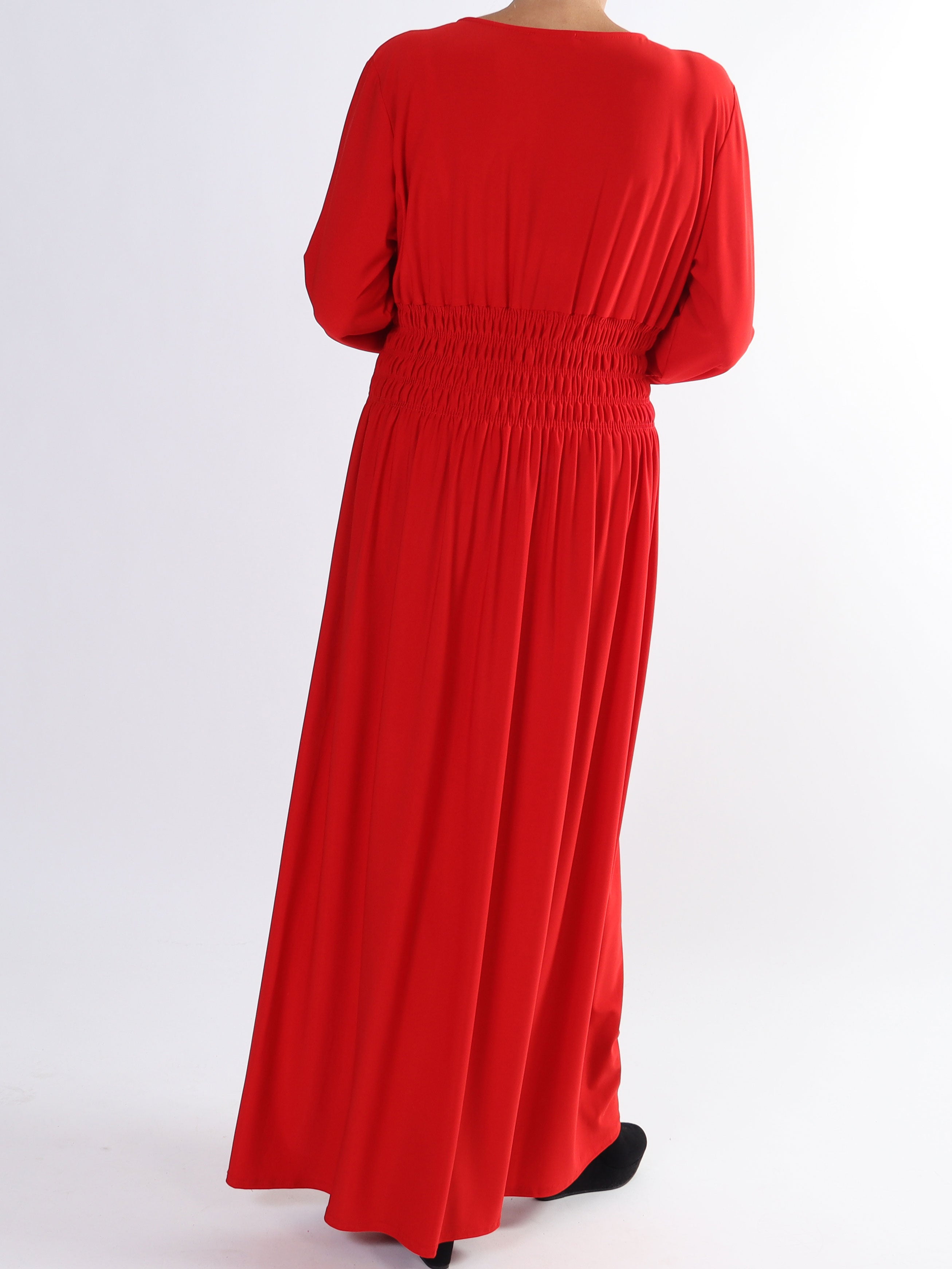 Pams Plain L/S - Elastisk plus size kjole med smock og lange ærmer