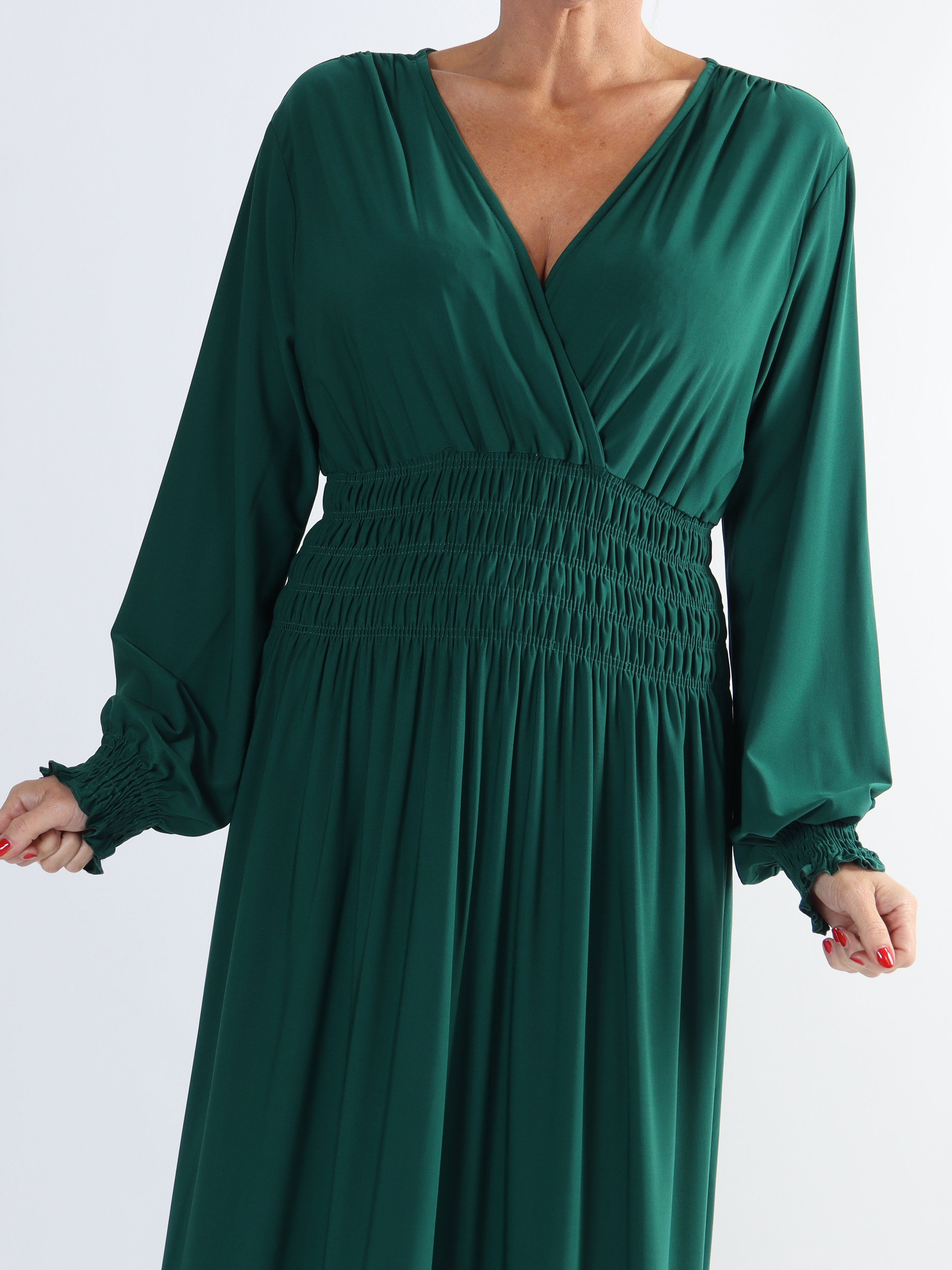 Pams Plain L/S - Elastisk plus size kjole med smock og lange ærmer