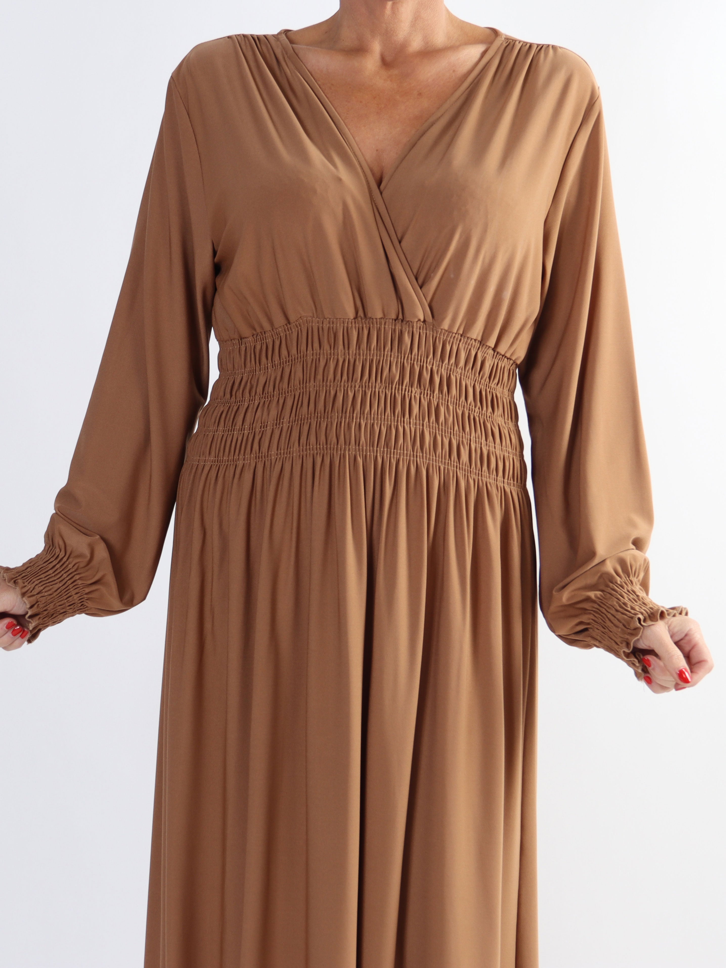 Pams Plain L/S - Elastisk plus size kjole med smock og lange ærmer