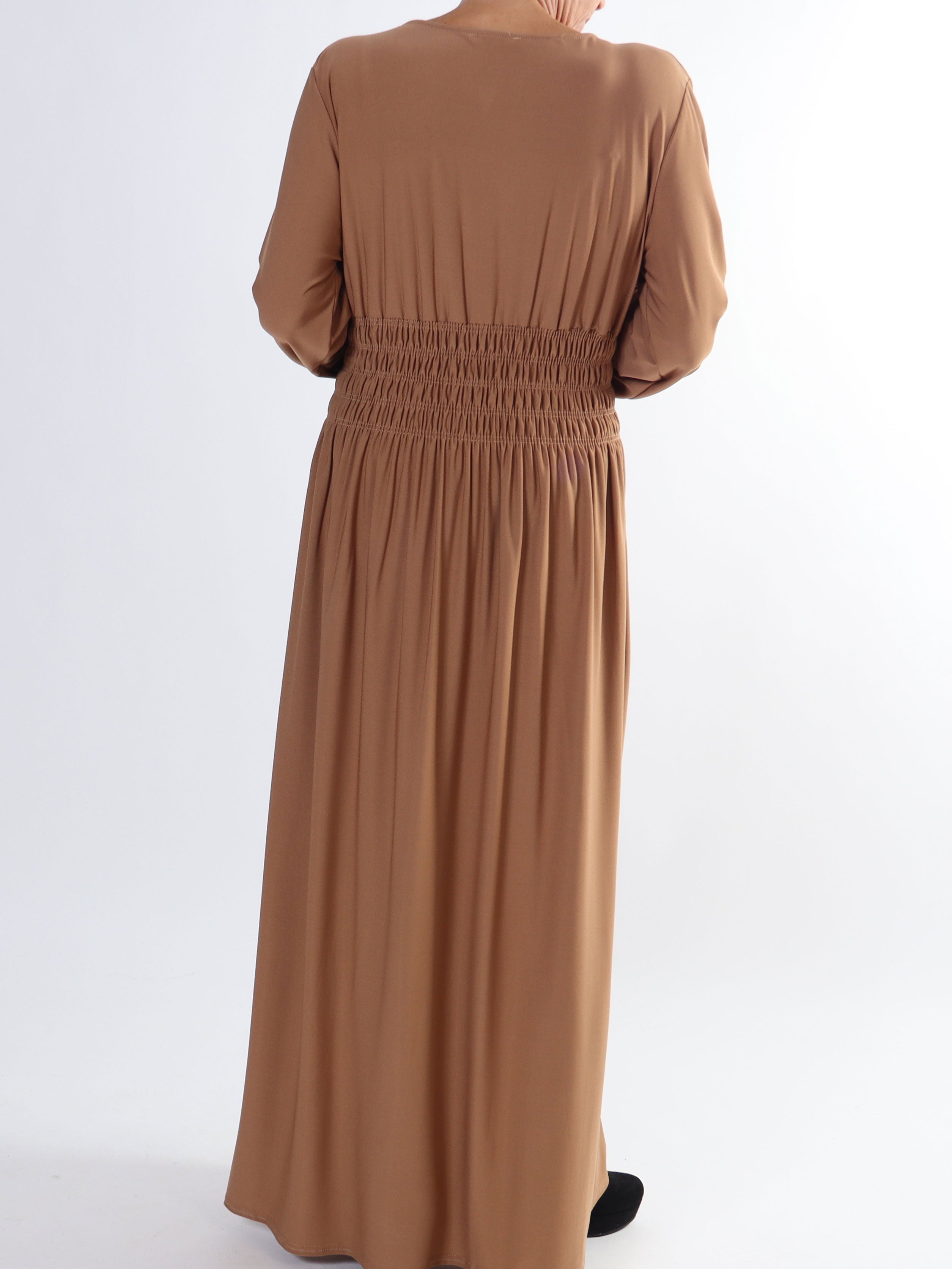 Pams Plain L/S - Elastisk plus size kjole med smock og lange ærmer