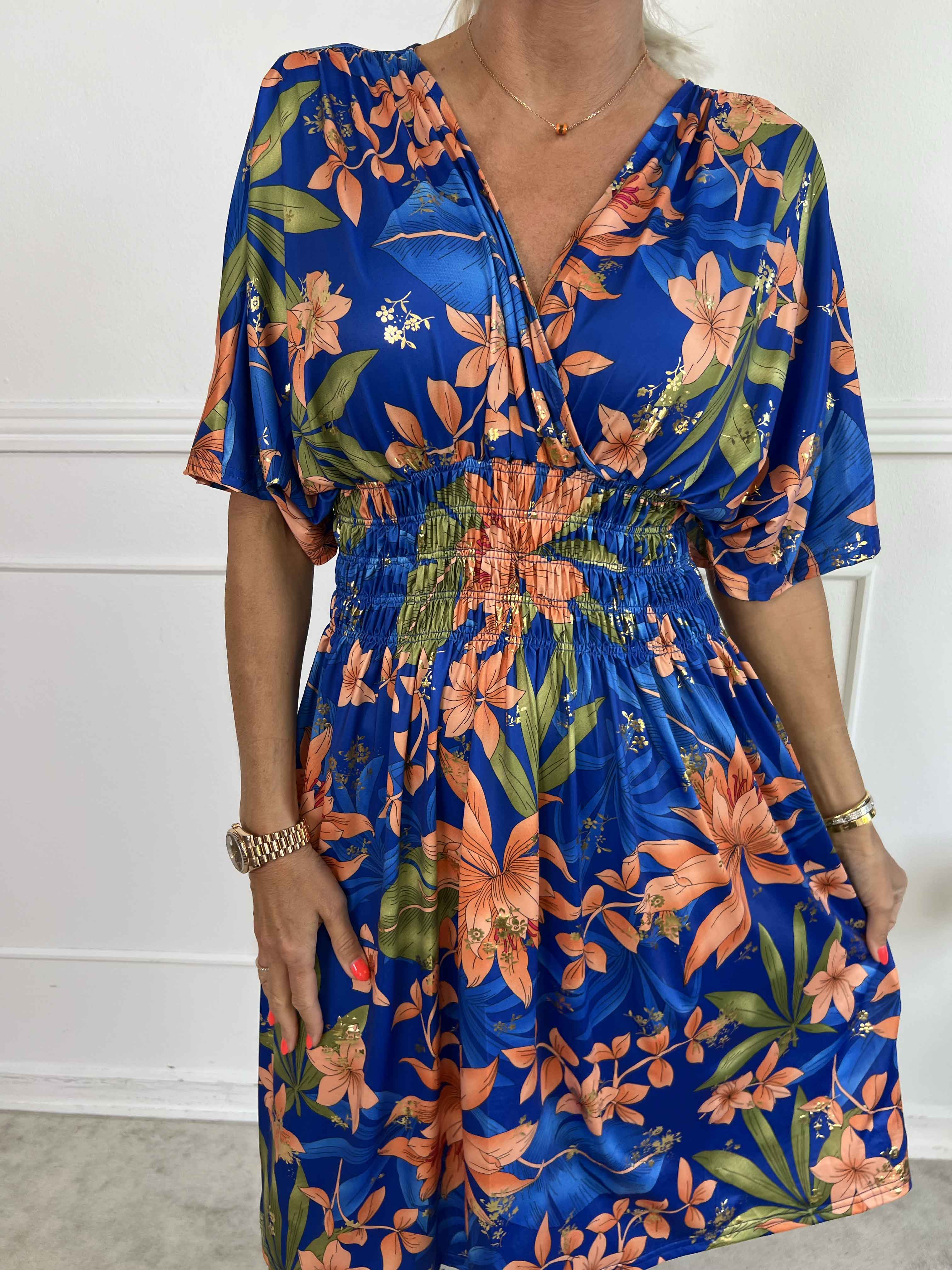 Pams New Leaf Short - Elastisk kjole med farvet blomsterprint og guld detaljer