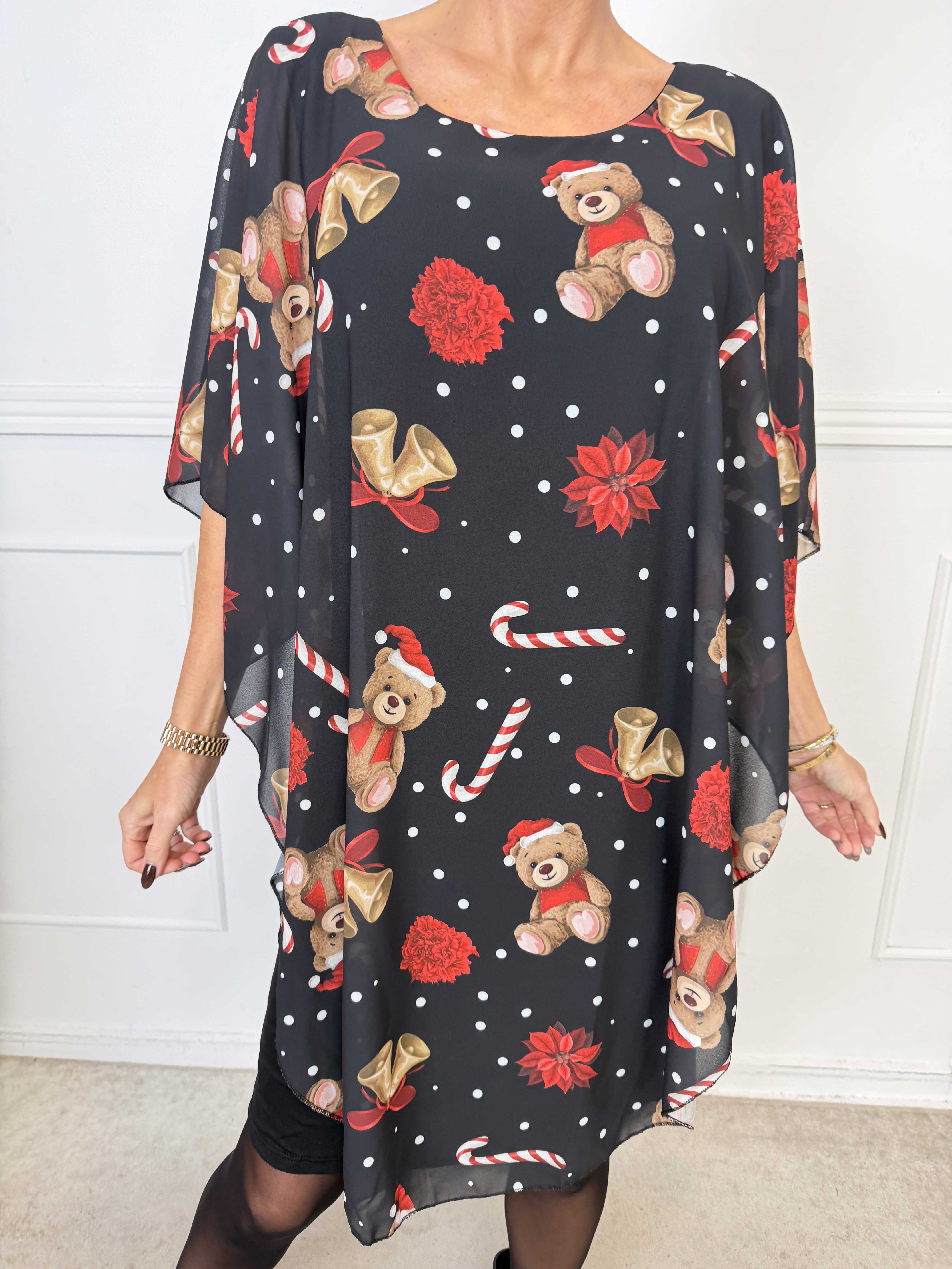 Kenya Kandis - Plus size tunikakjole med fine chiffonlag med charmerende julemotiver