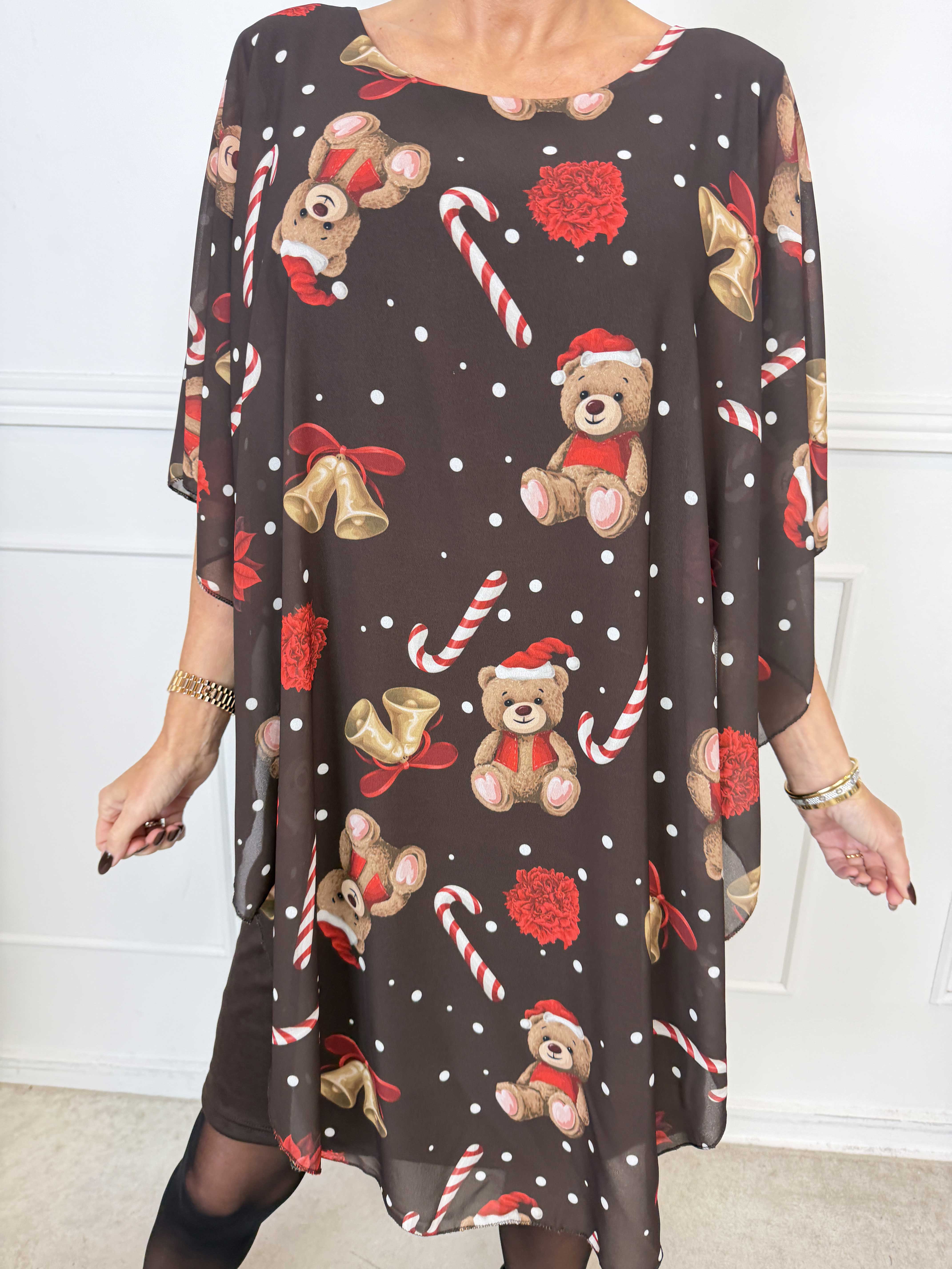 Kenya Kandis - Plus size tunikakjole med fine chiffonlag med charmerende julemotiver