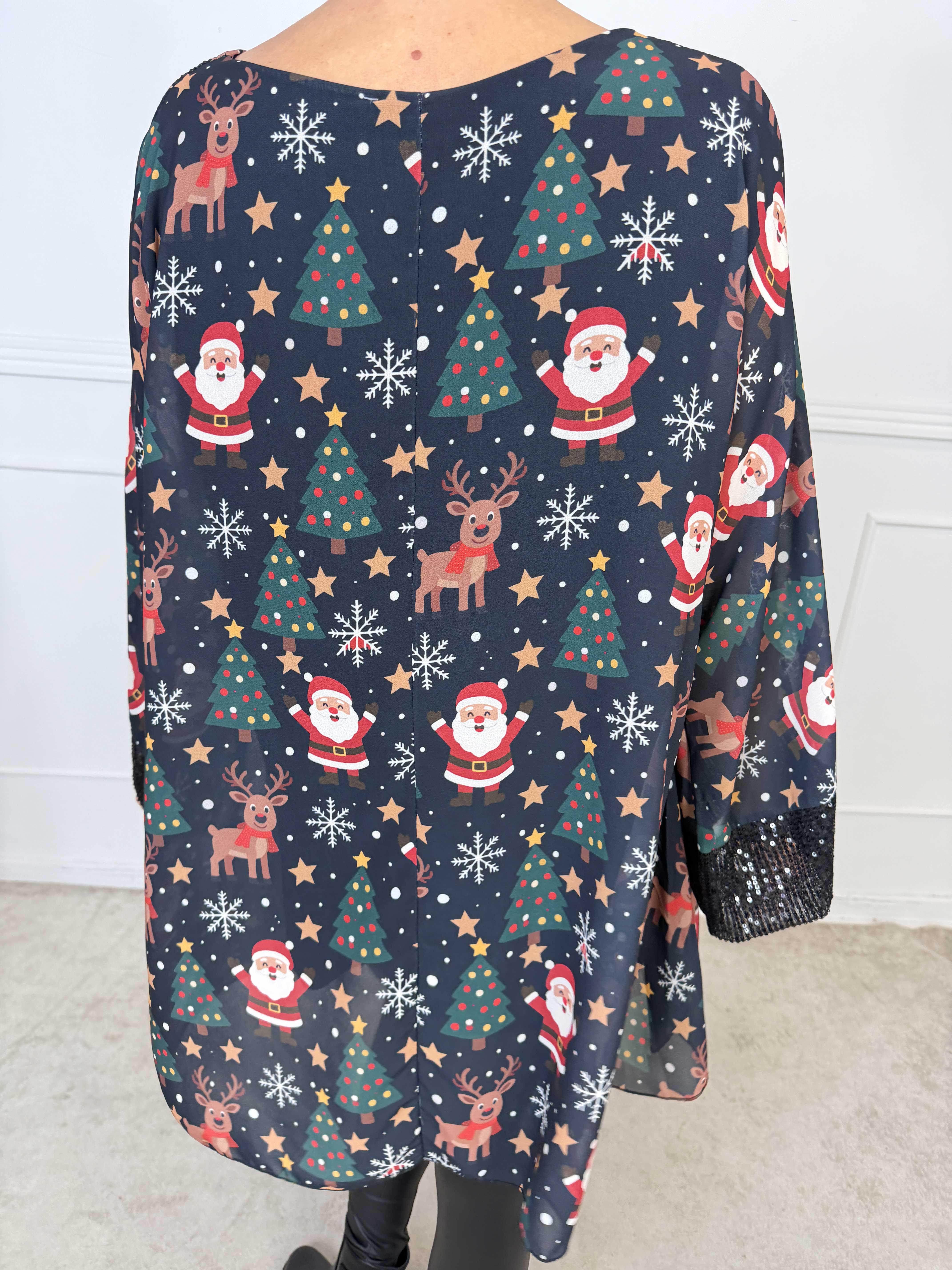 Santa - Tunika med pailletter og fine julemotiver på det elegante chiffonlag