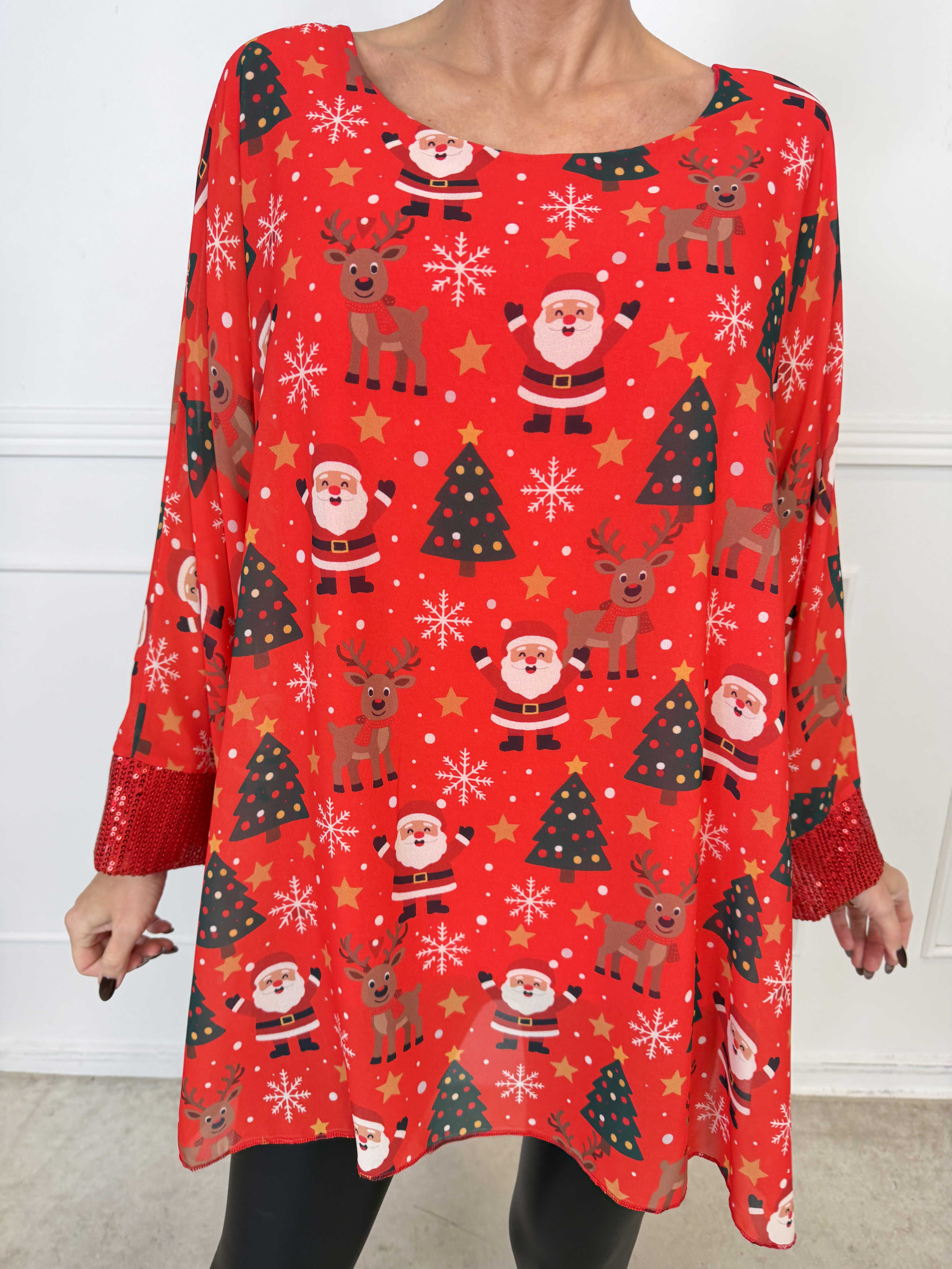 Santa - Tunika med pailletter og fine julemotiver på det elegante chiffonlag