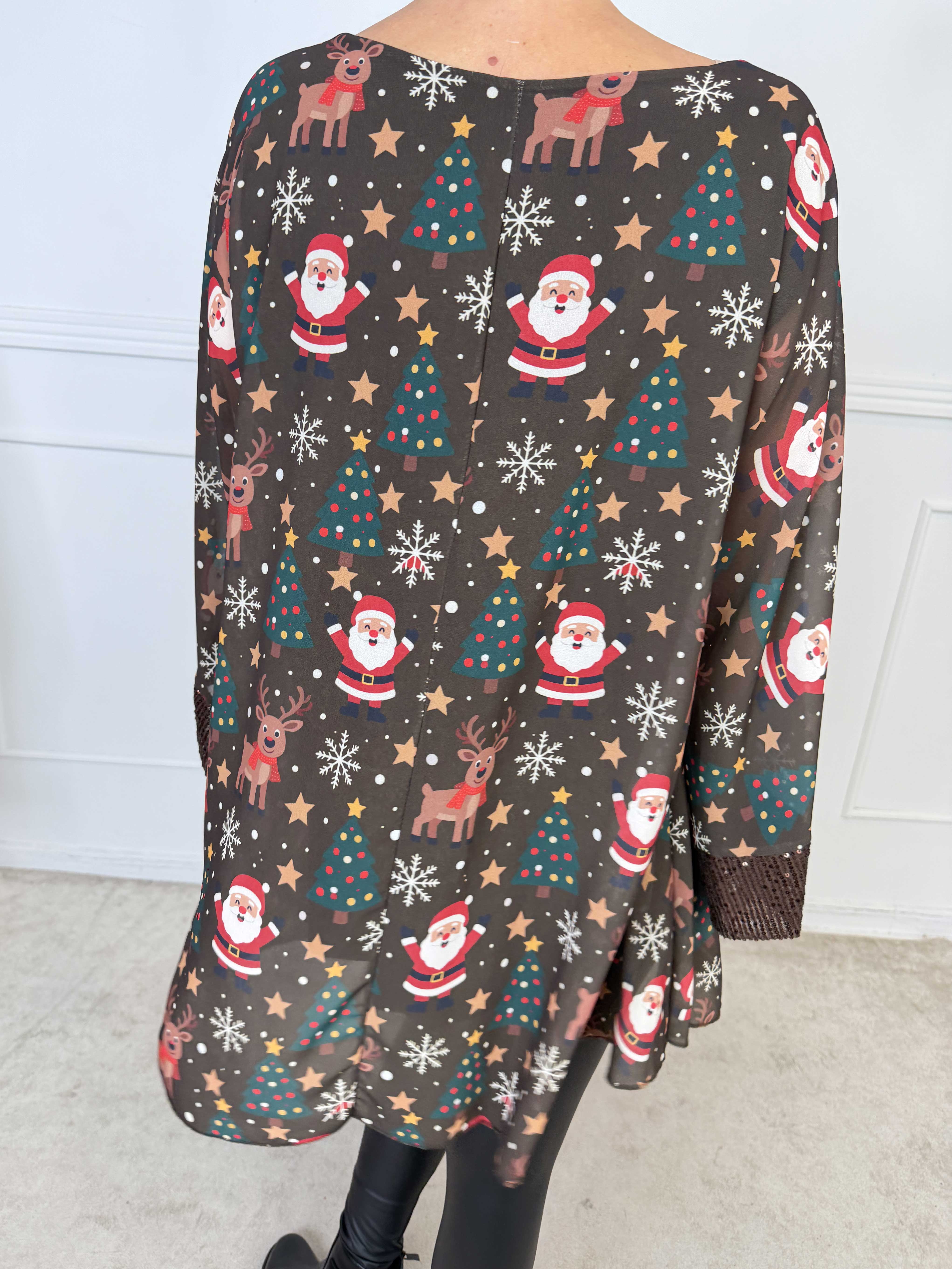 Santa - Tunika med pailletter og fine julemotiver på det elegante chiffonlag
