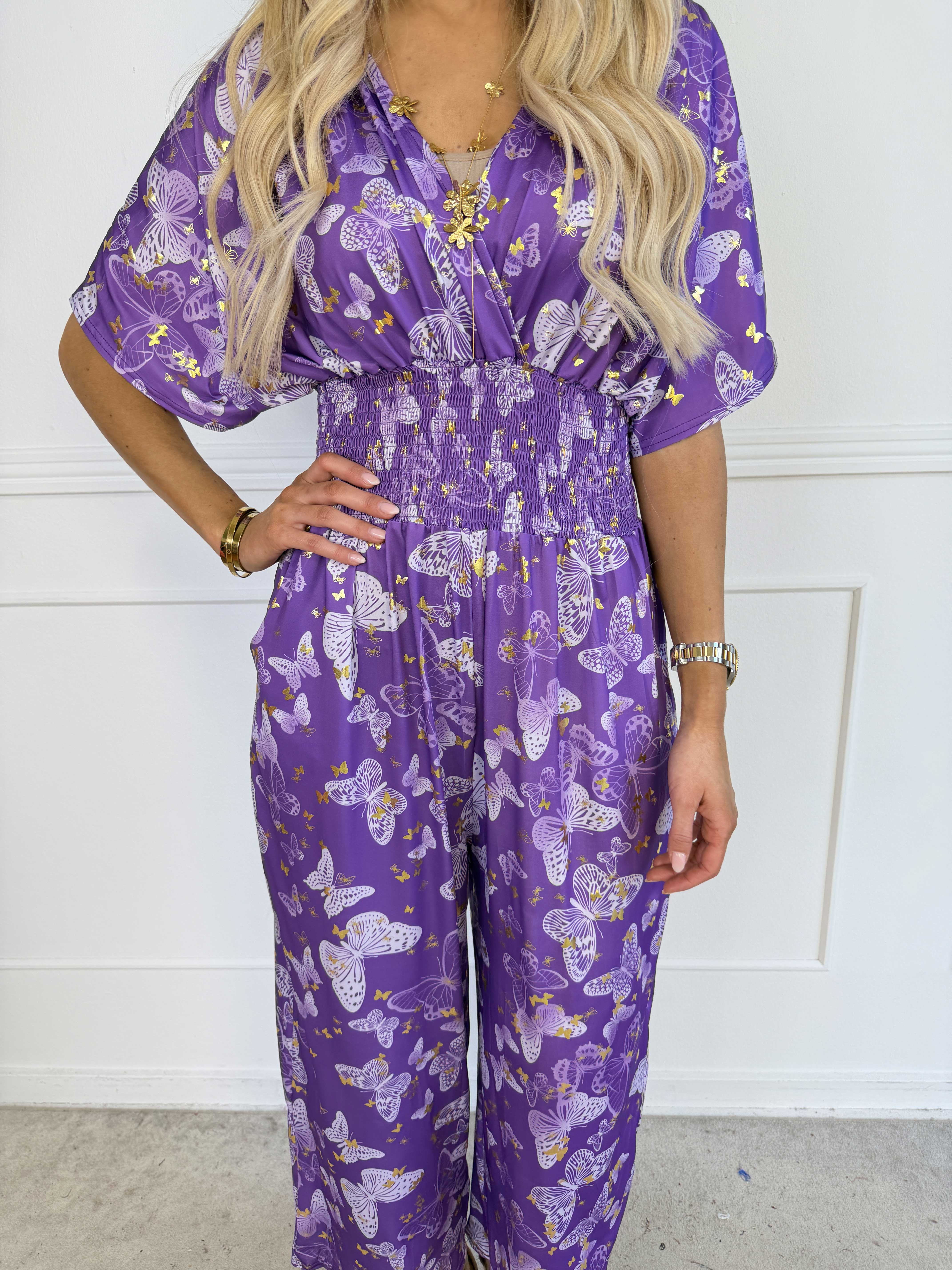 Pams Butterfly - Lang elastisk kjole med smock i livet