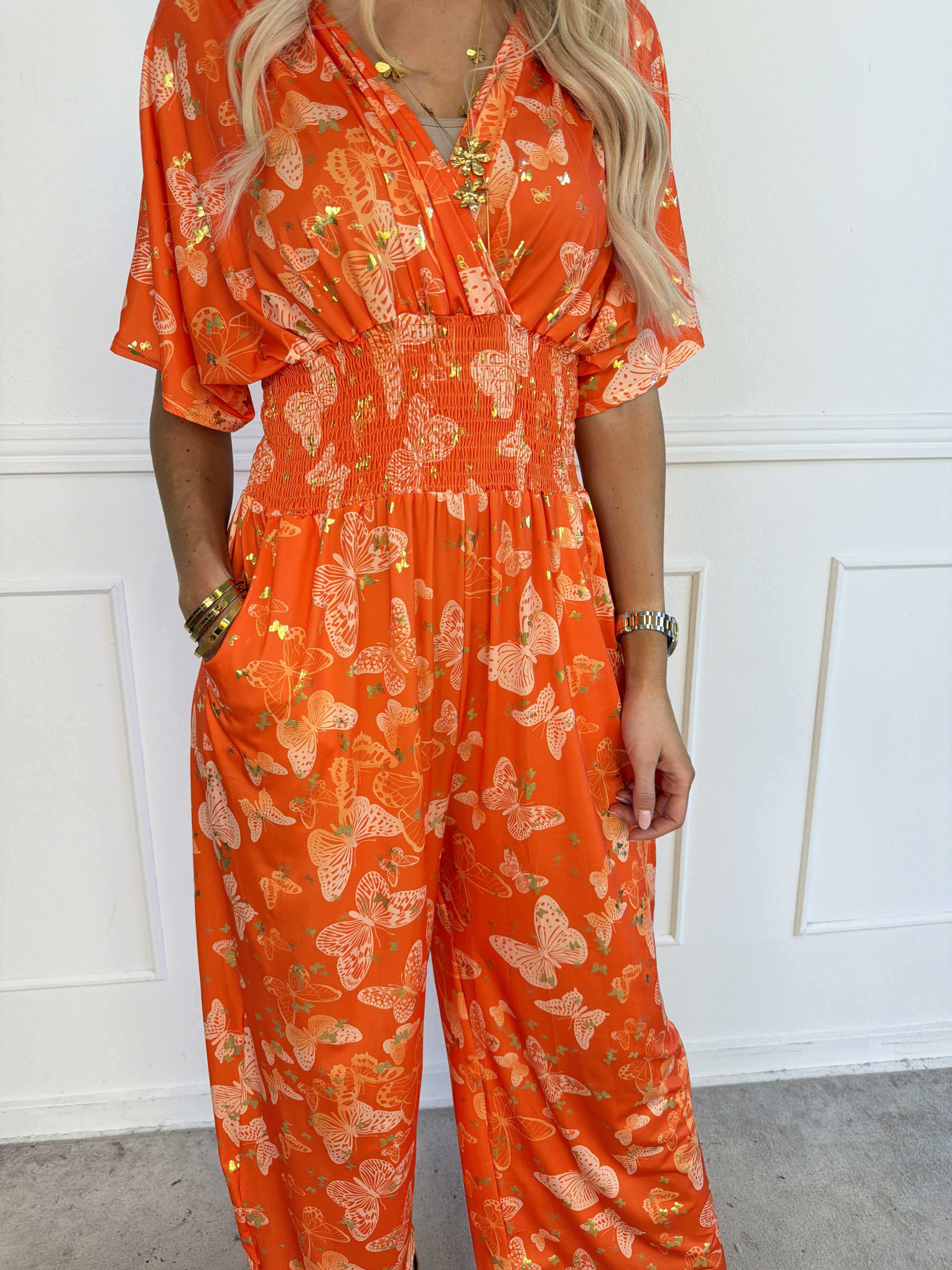 Pams Butterfly - Lang elastisk kjole med smock i livet