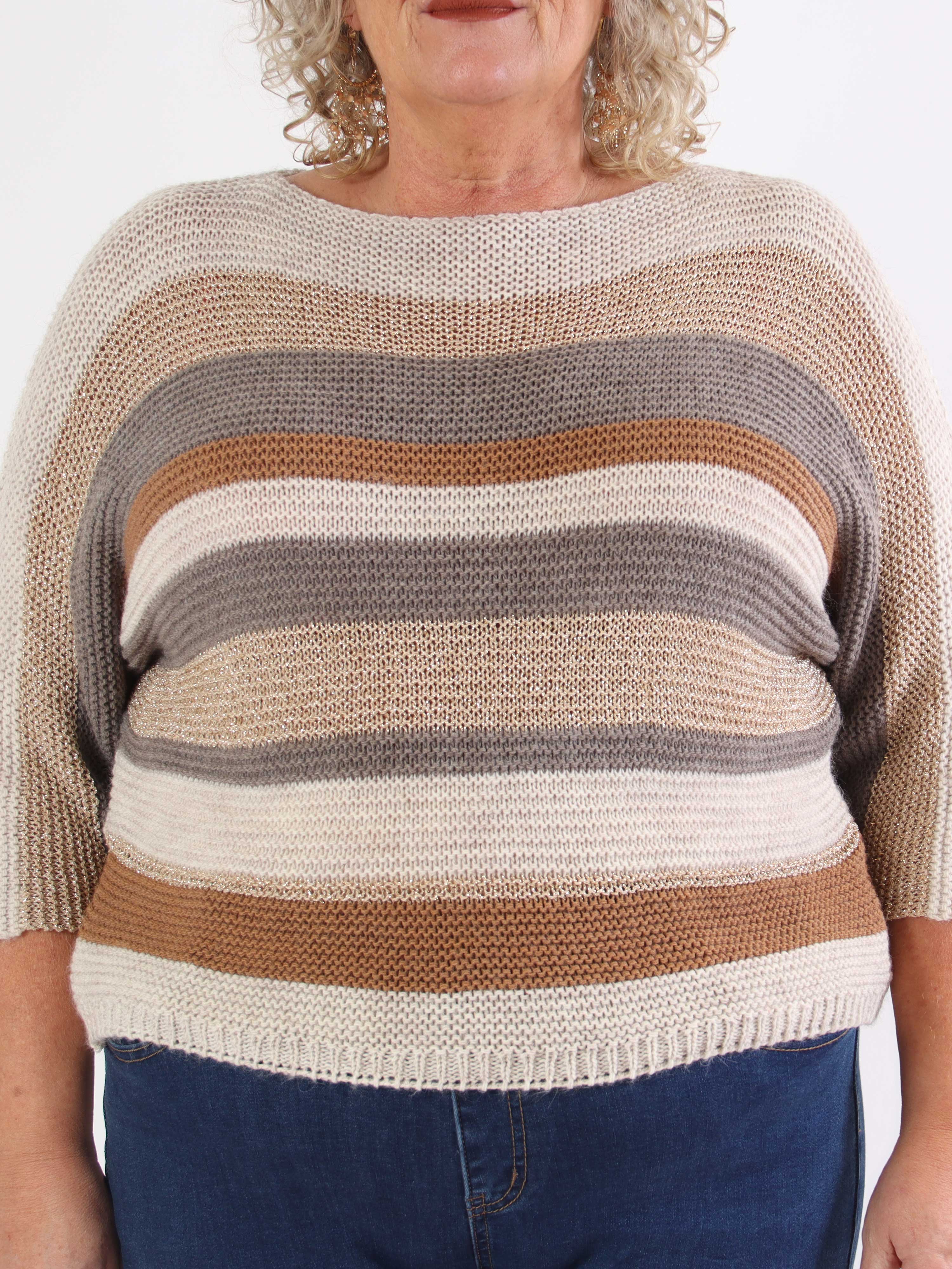 Nina - Plus size strikbluse med uld og guld striber