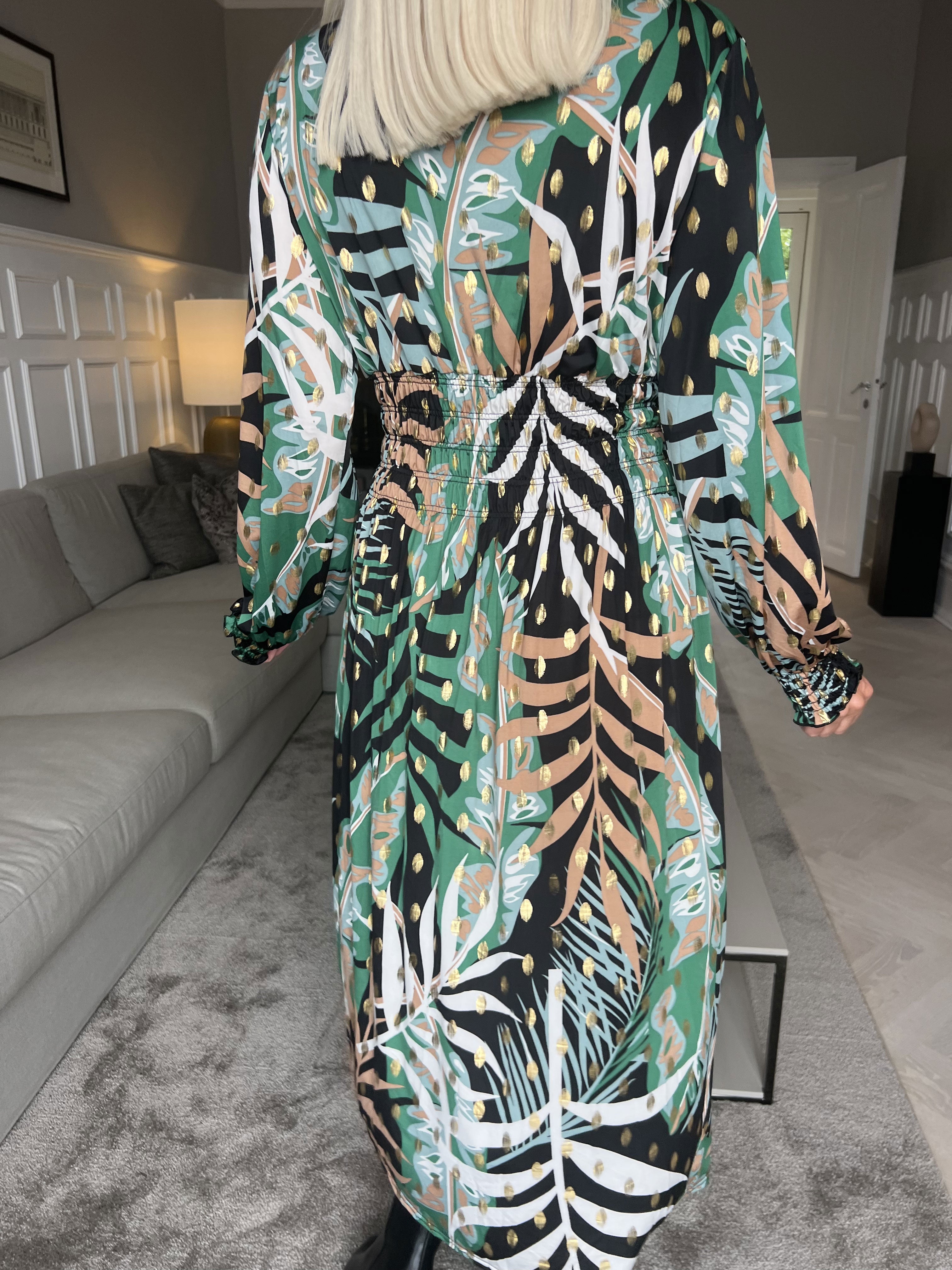 Pams Forest Midi L/S - Elastisk kjole i krølfrit stof med lange ærmer