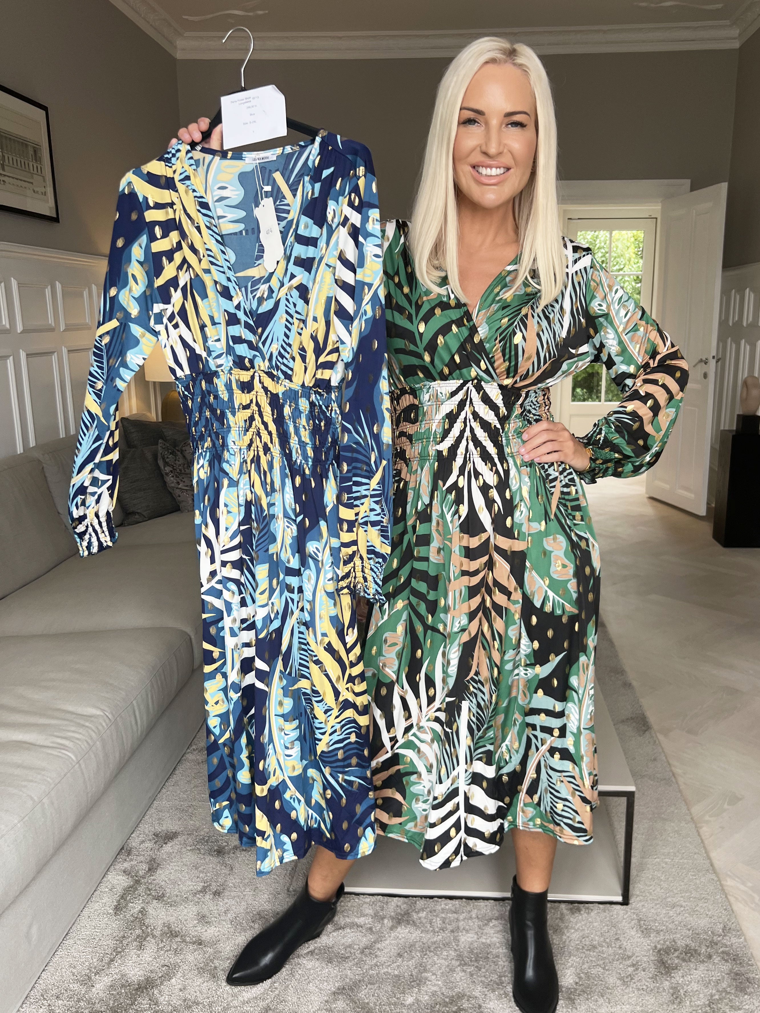 Pams Forest Midi L/S - Elastisk kjole i krølfrit stof med lange ærmer