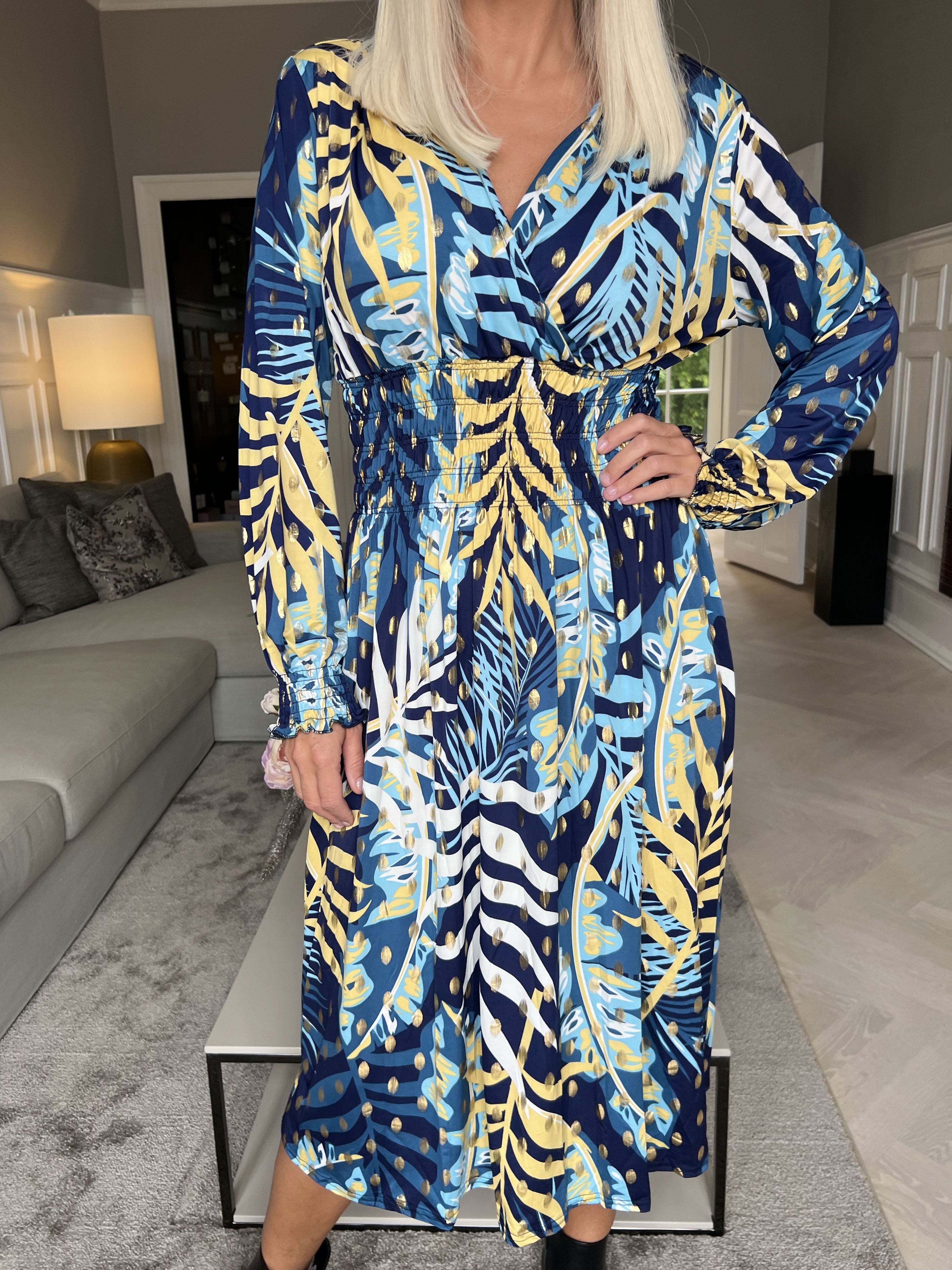 Pams Forest Midi L/S - Elastisk kjole i krølfrit stof med lange ærmer