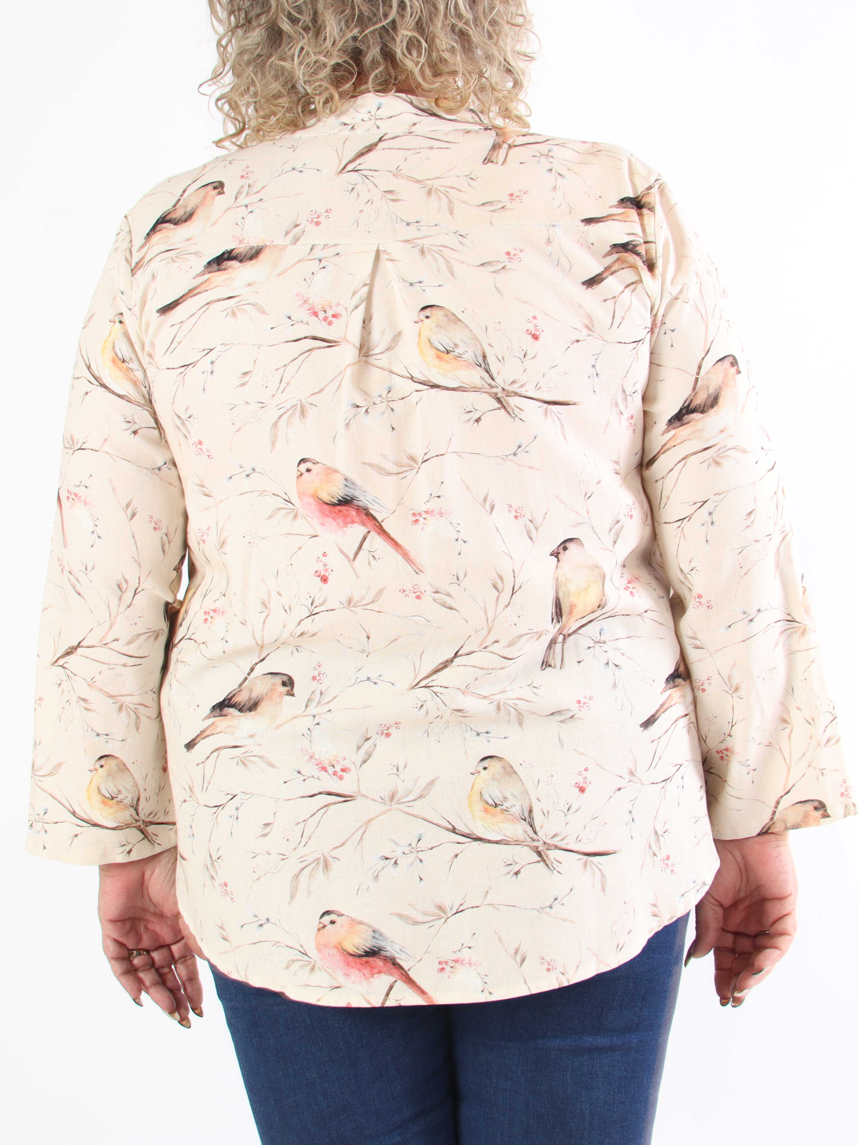 Carmen - Plus size skjorte med fugle lavet i hør og bomuld