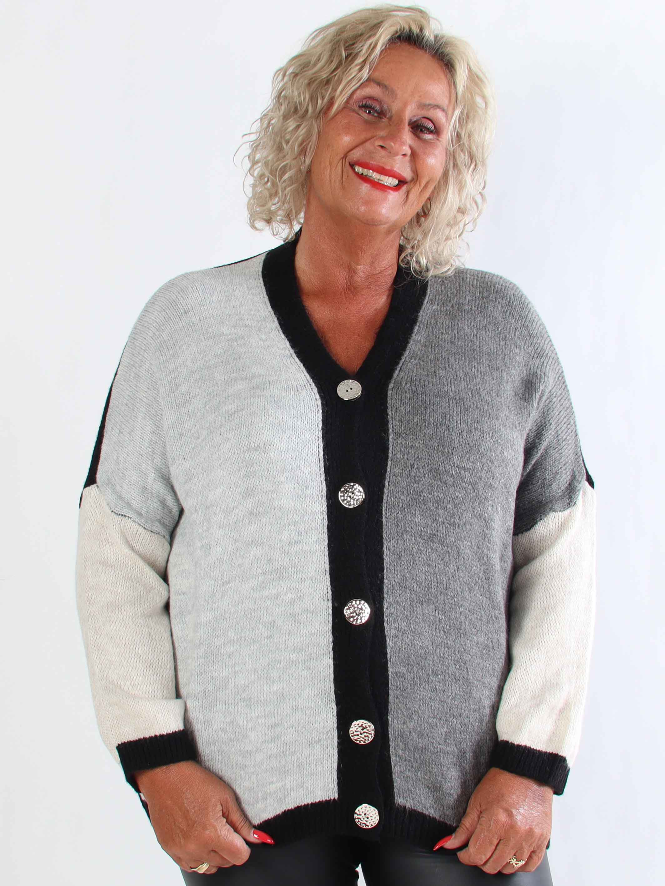 Hebe - Flerfarvet strikcardigan i plus size med guld knapper