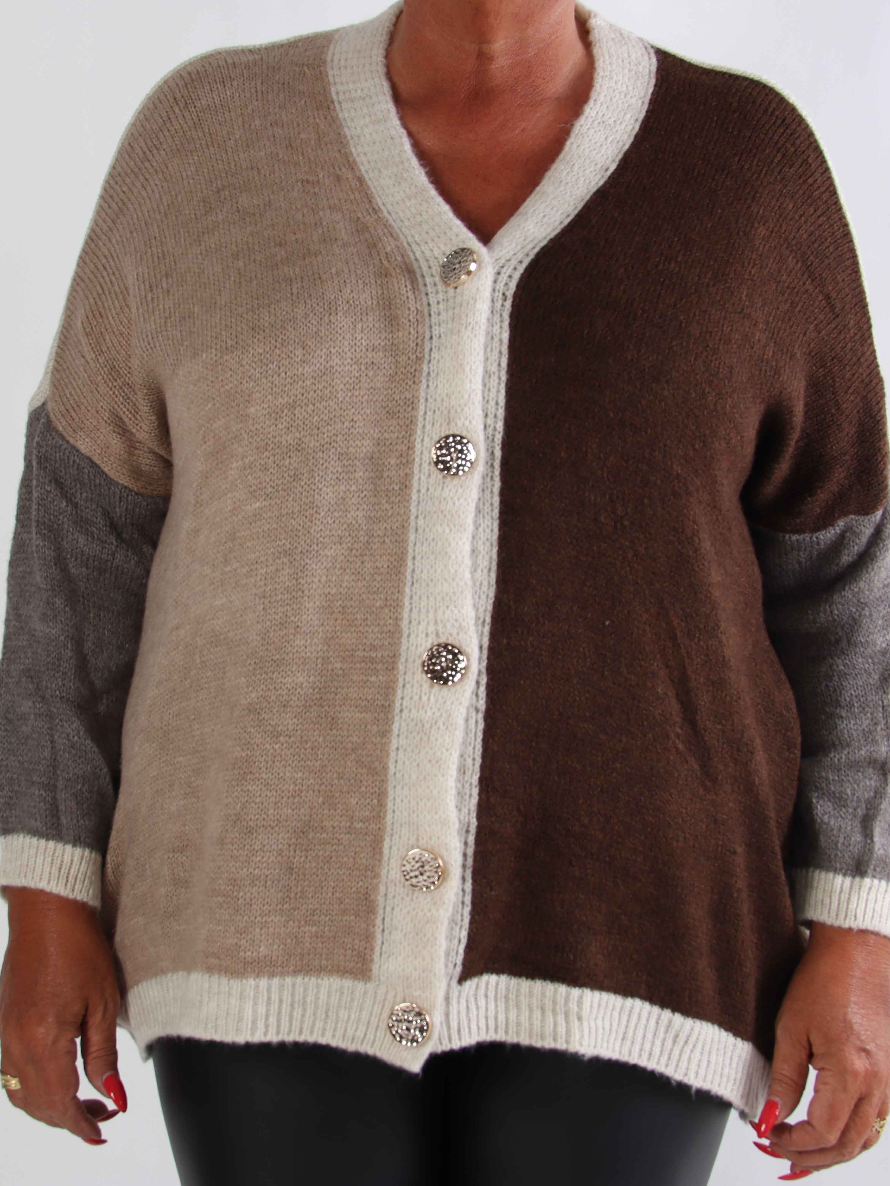 Hebe - Flerfarvet strikcardigan i plus size med guld knapper