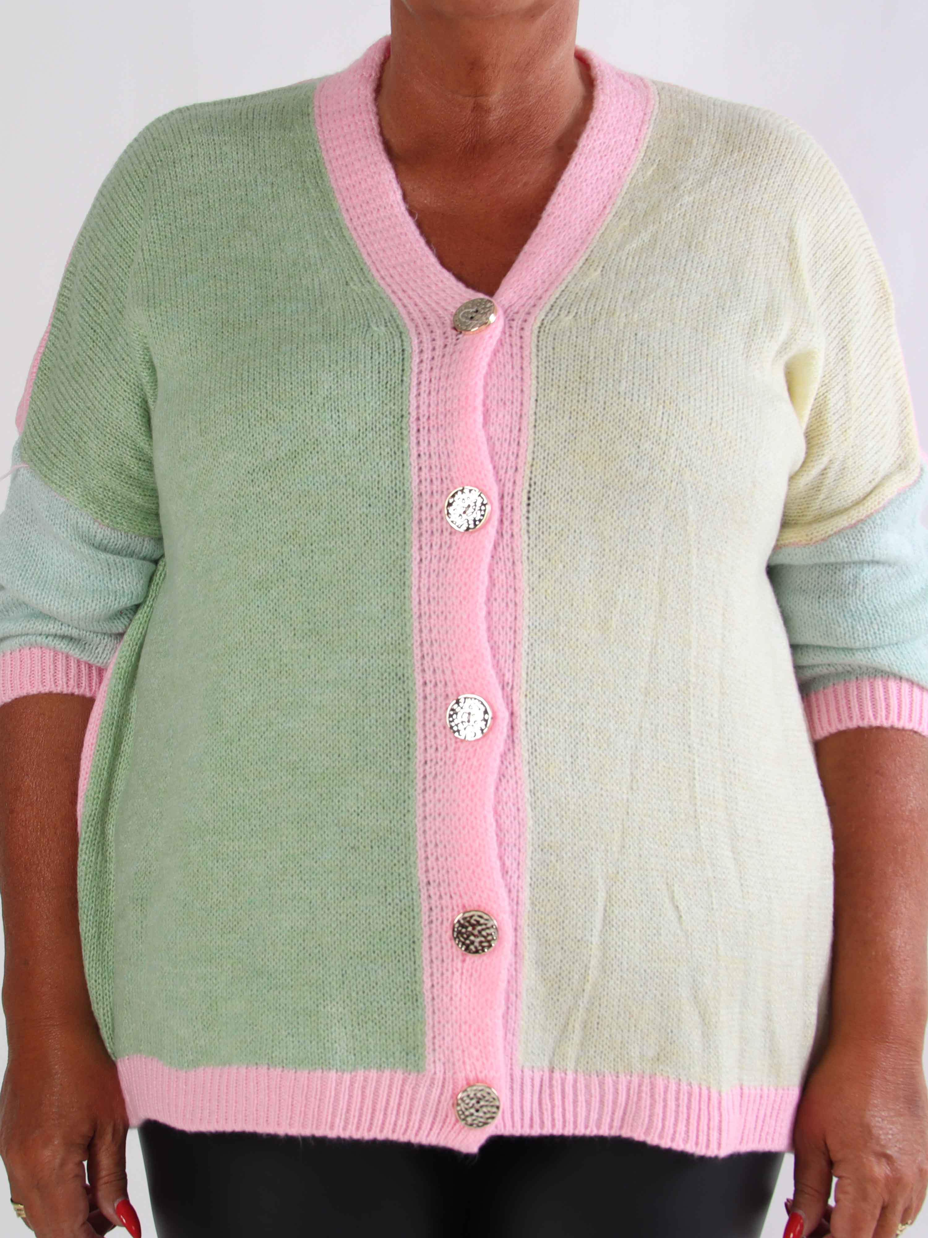 Hebe - Flerfarvet strikcardigan i plus size med guld knapper