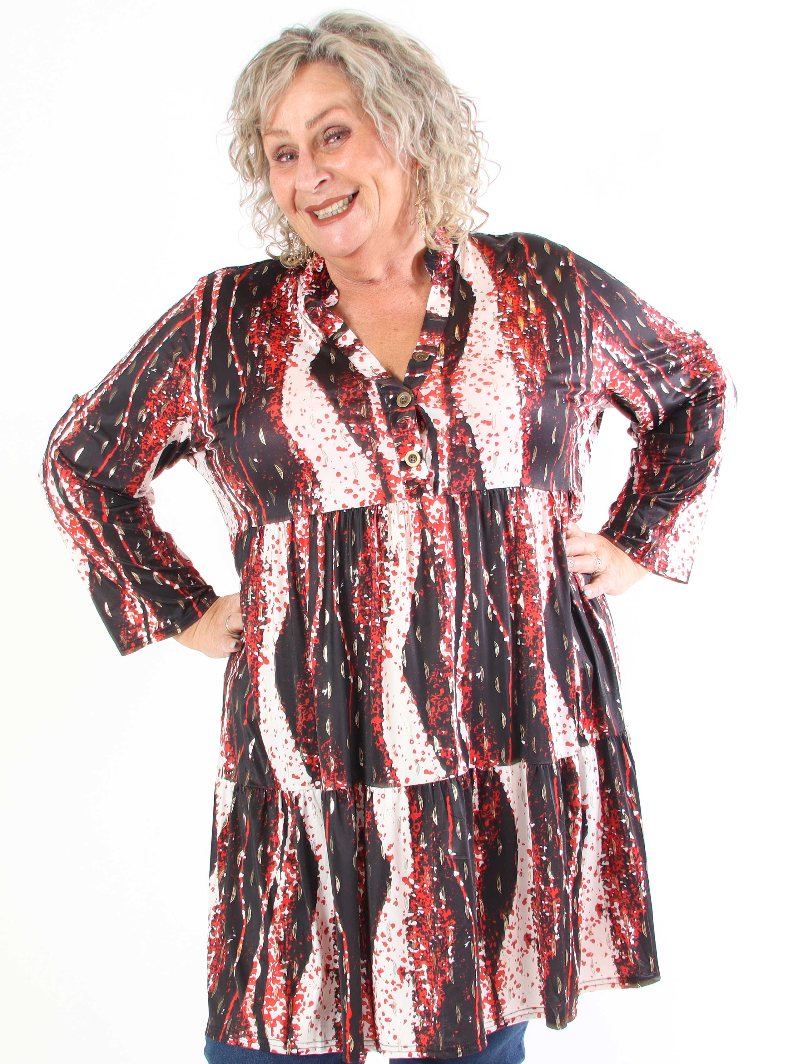 Milano Wave Midi - Plus size kjole med mønster og lag på lag look