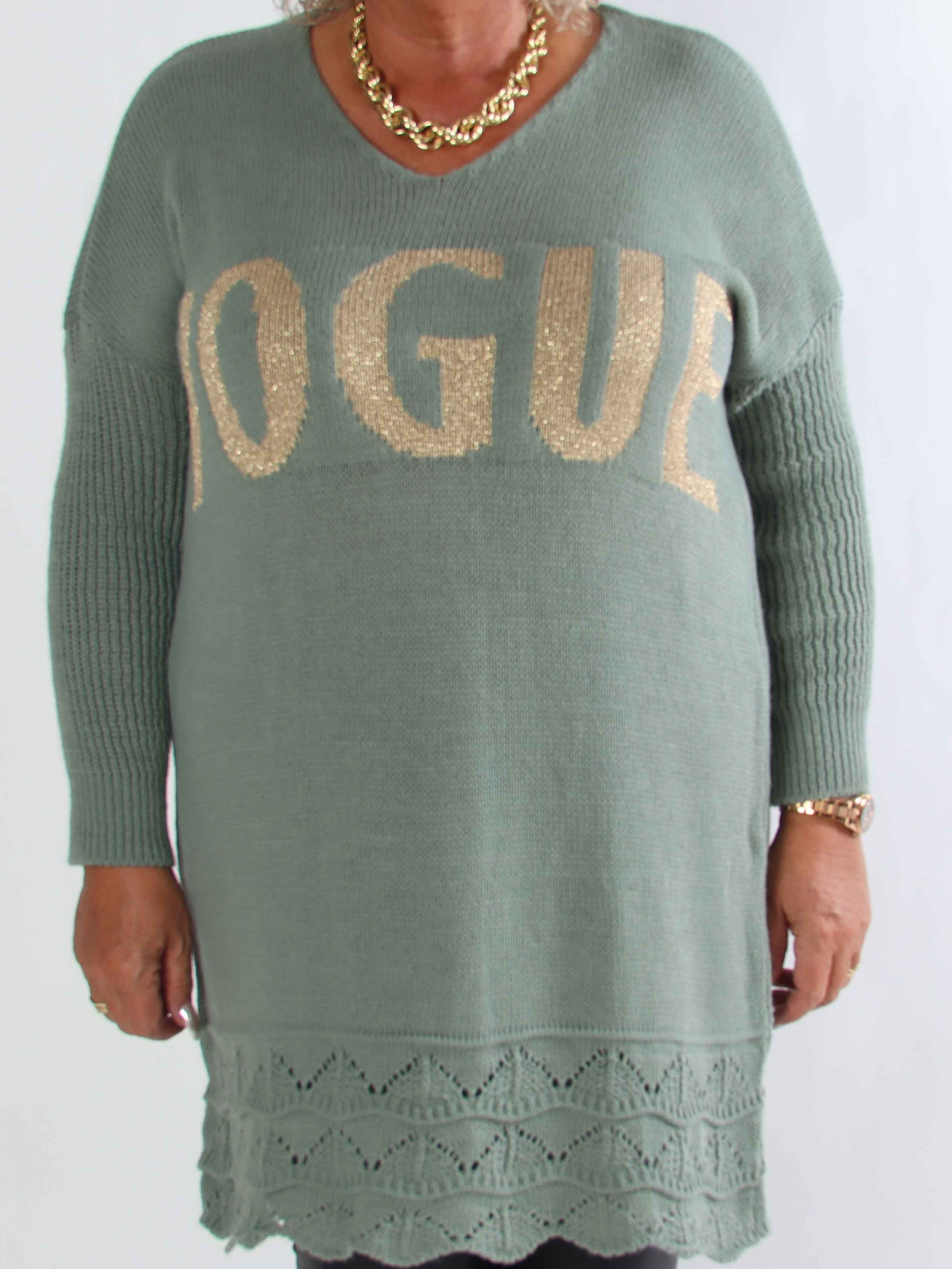 Rebeca Gold - Plus size strikbluse med VOGUE og mønster forneden