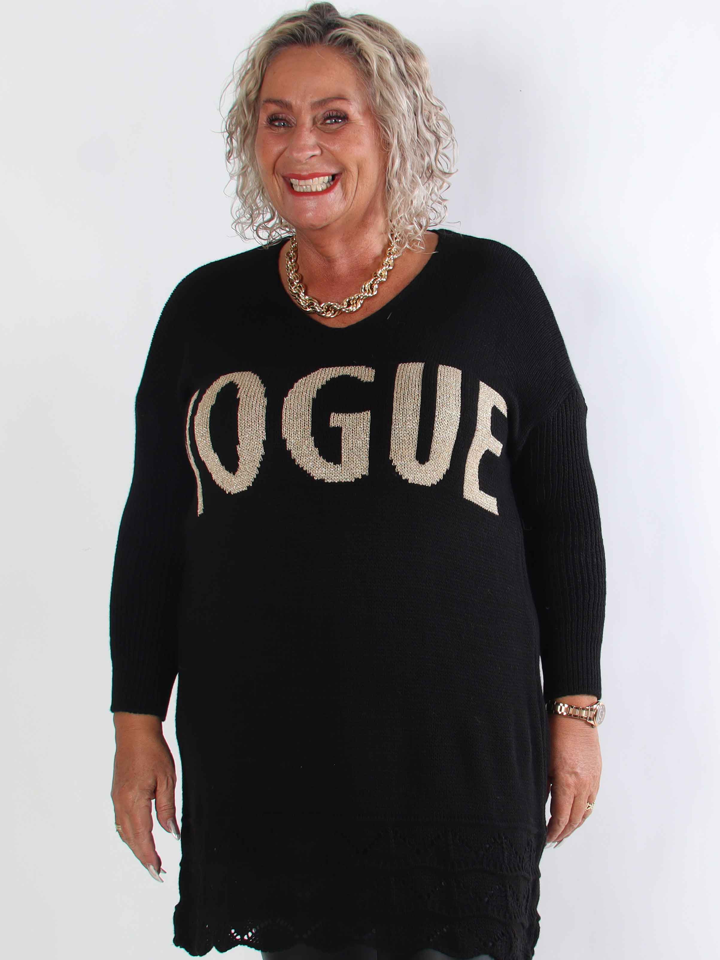 Rebeca Gold - Plus size strikbluse med VOGUE og mønster forneden
